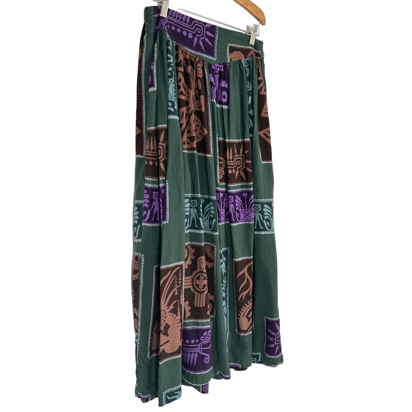 Vintage Full Length Skirt Passports L Elastic Waist Tribal Print Office Modest