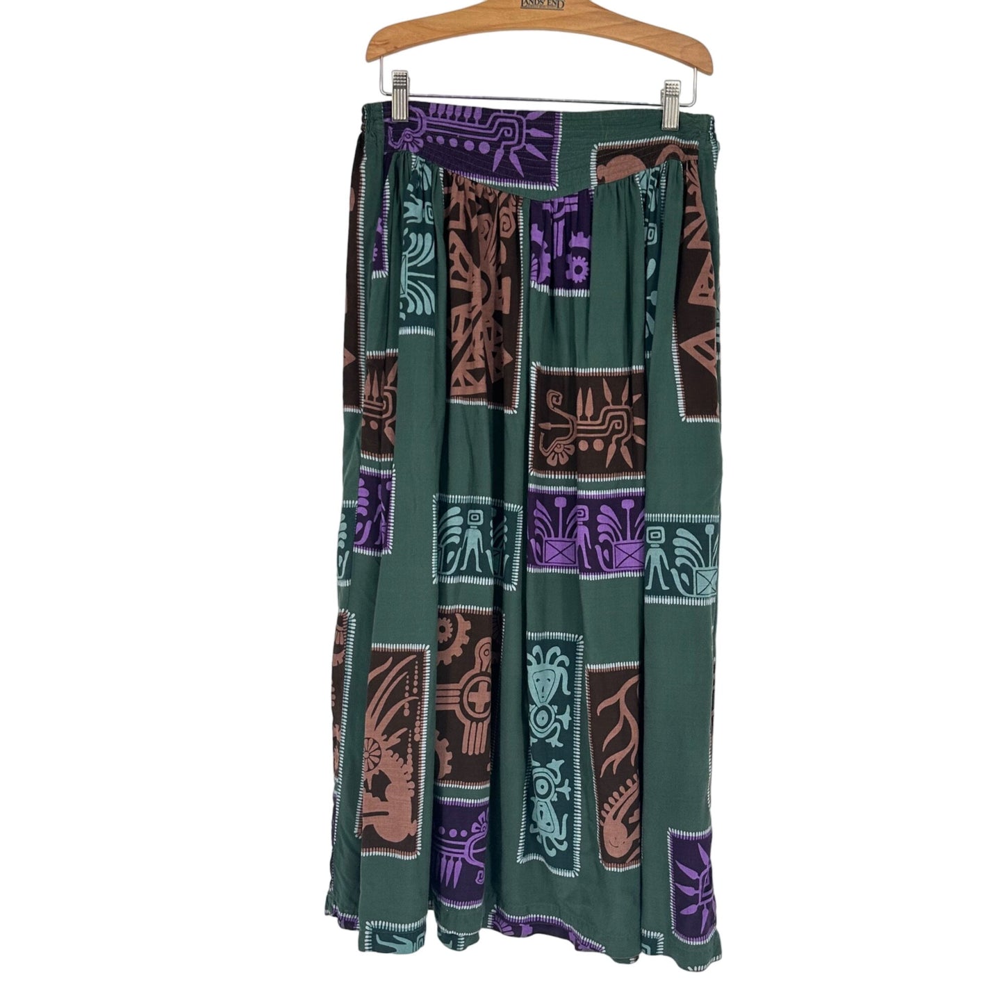 Vintage Full Length Skirt Passports L Elastic Waist Tribal Print Office Modest