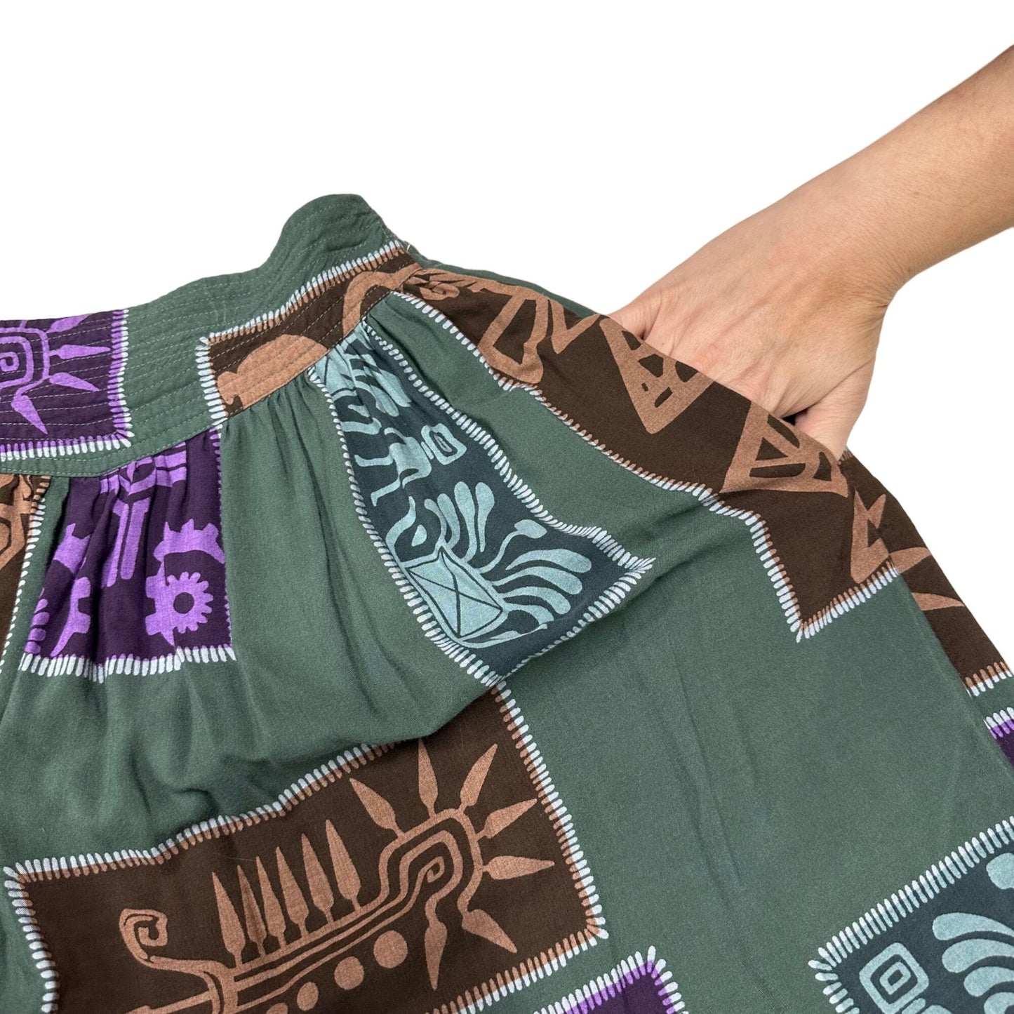 Vintage Full Length Skirt Passports L Elastic Waist Tribal Print Office Modest