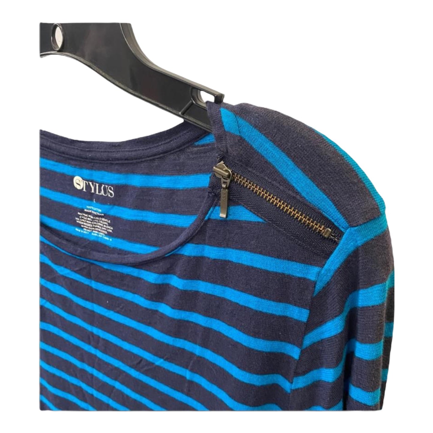 Stylus L Striped Blue Shirt 3/4 Sleeve Zipper Shoulder Detail Round Neck