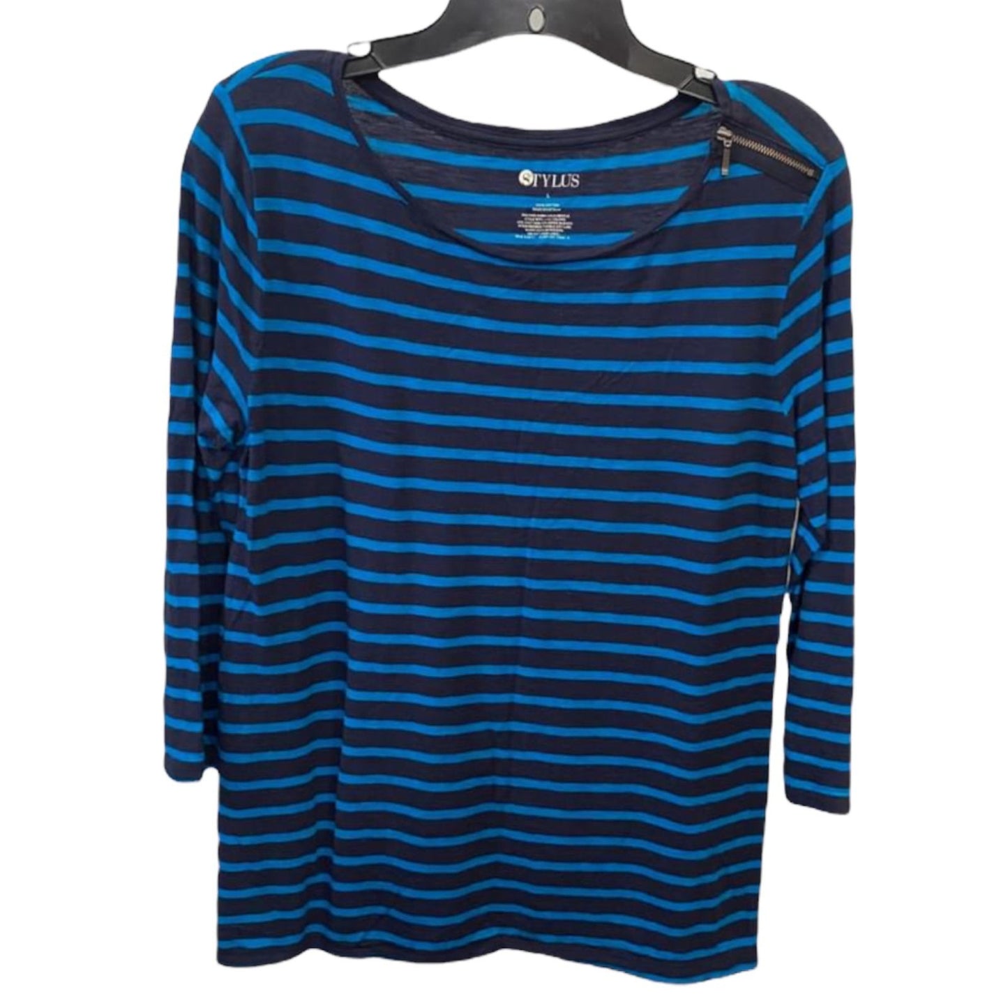 Stylus L Striped Blue Shirt 3/4 Sleeve Zipper Shoulder Detail Round Neck