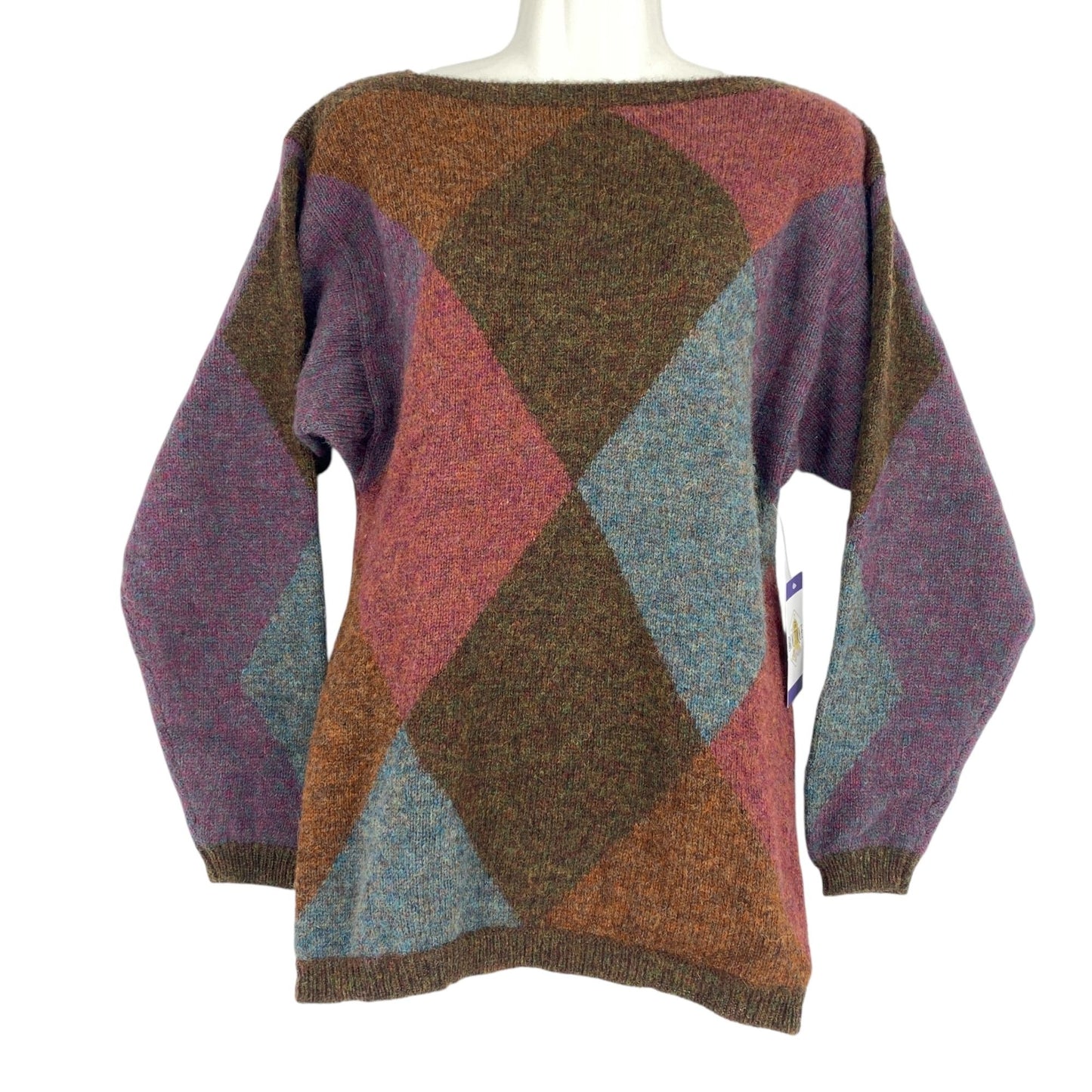 Vtg Ellen Tracy Shetland Wool Sweater Argyle Dark Academia S Purple Brown Blue