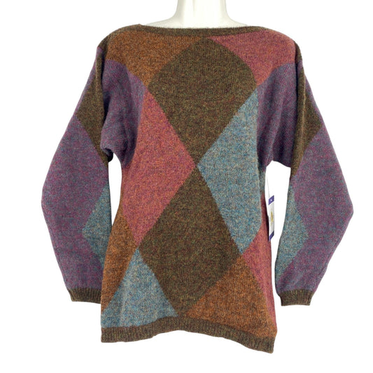 Vtg Ellen Tracy Shetland Wool Sweater Argyle Dark Academia S Purple Brown Blue