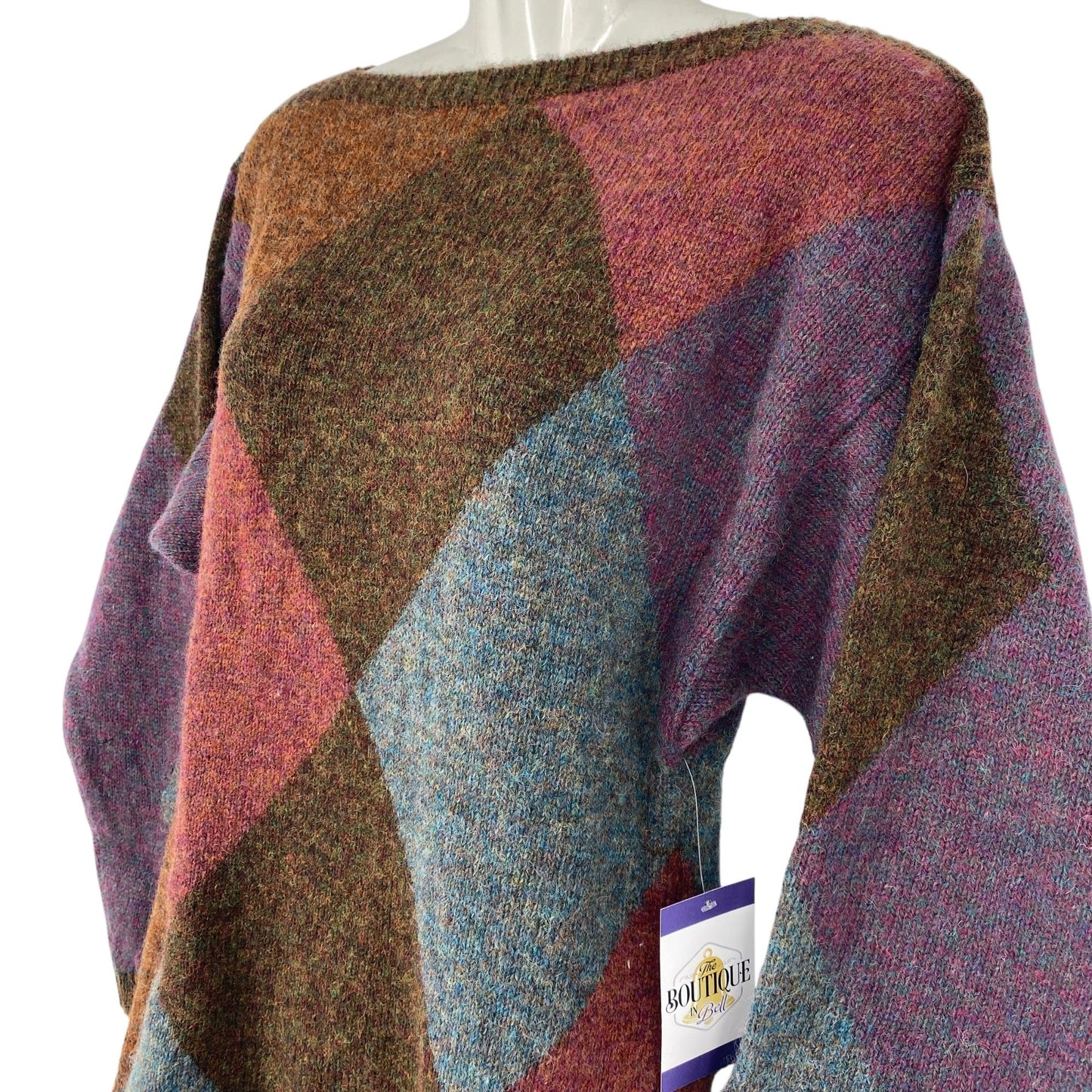 Vtg Ellen Tracy Shetland Wool Sweater Argyle Dark Academia S Purple Brown Blue