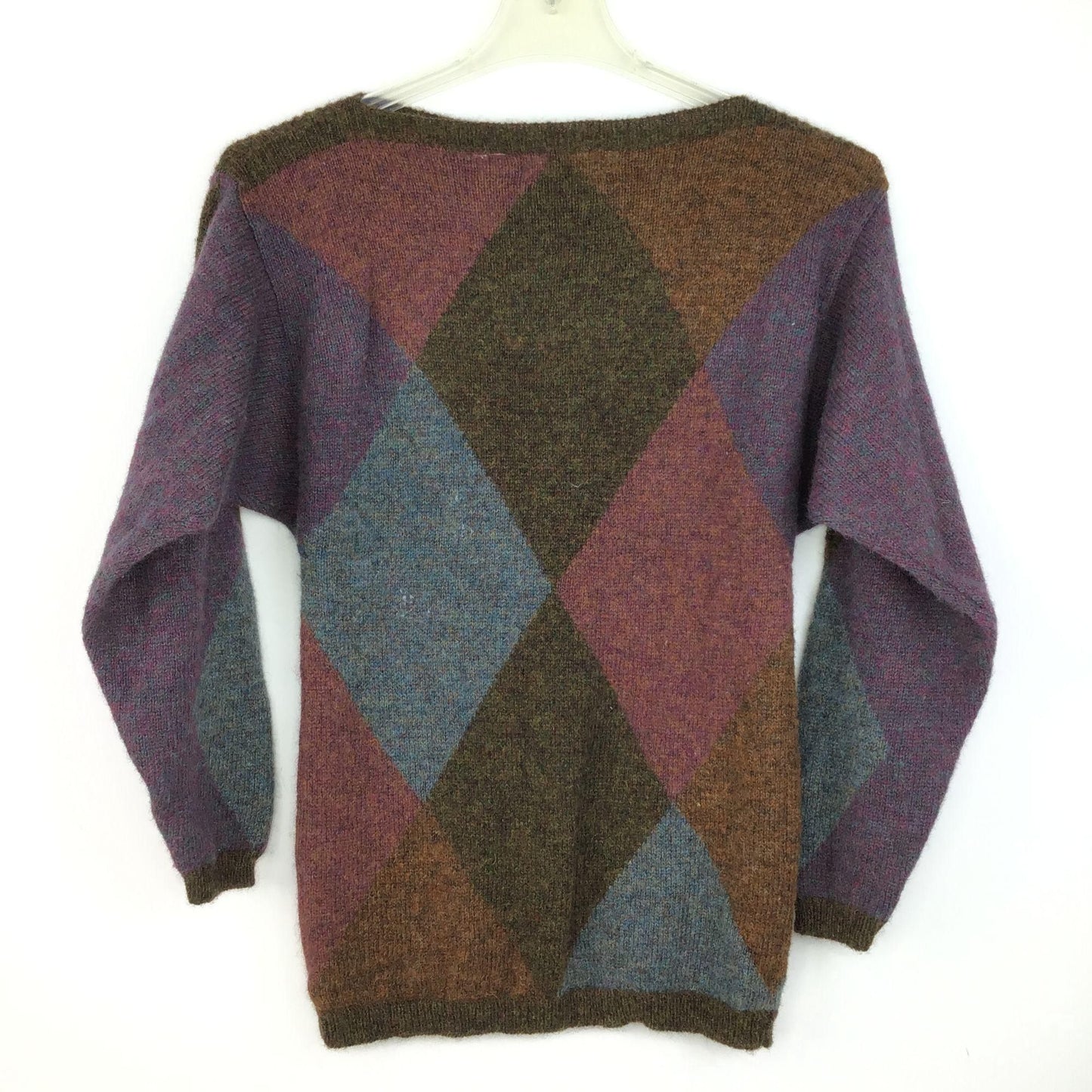 Vtg Ellen Tracy Shetland Wool Sweater Argyle Dark Academia S Purple Brown Blue