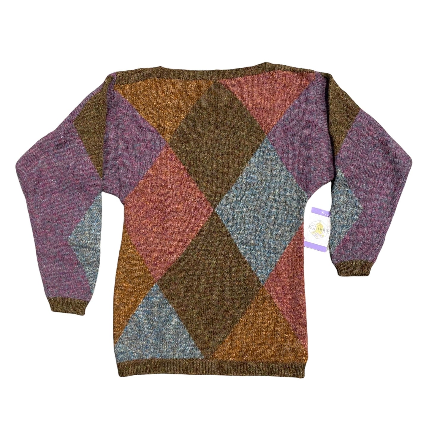 Vtg Ellen Tracy Shetland Wool Sweater Argyle Dark Academia S Purple Brown Blue