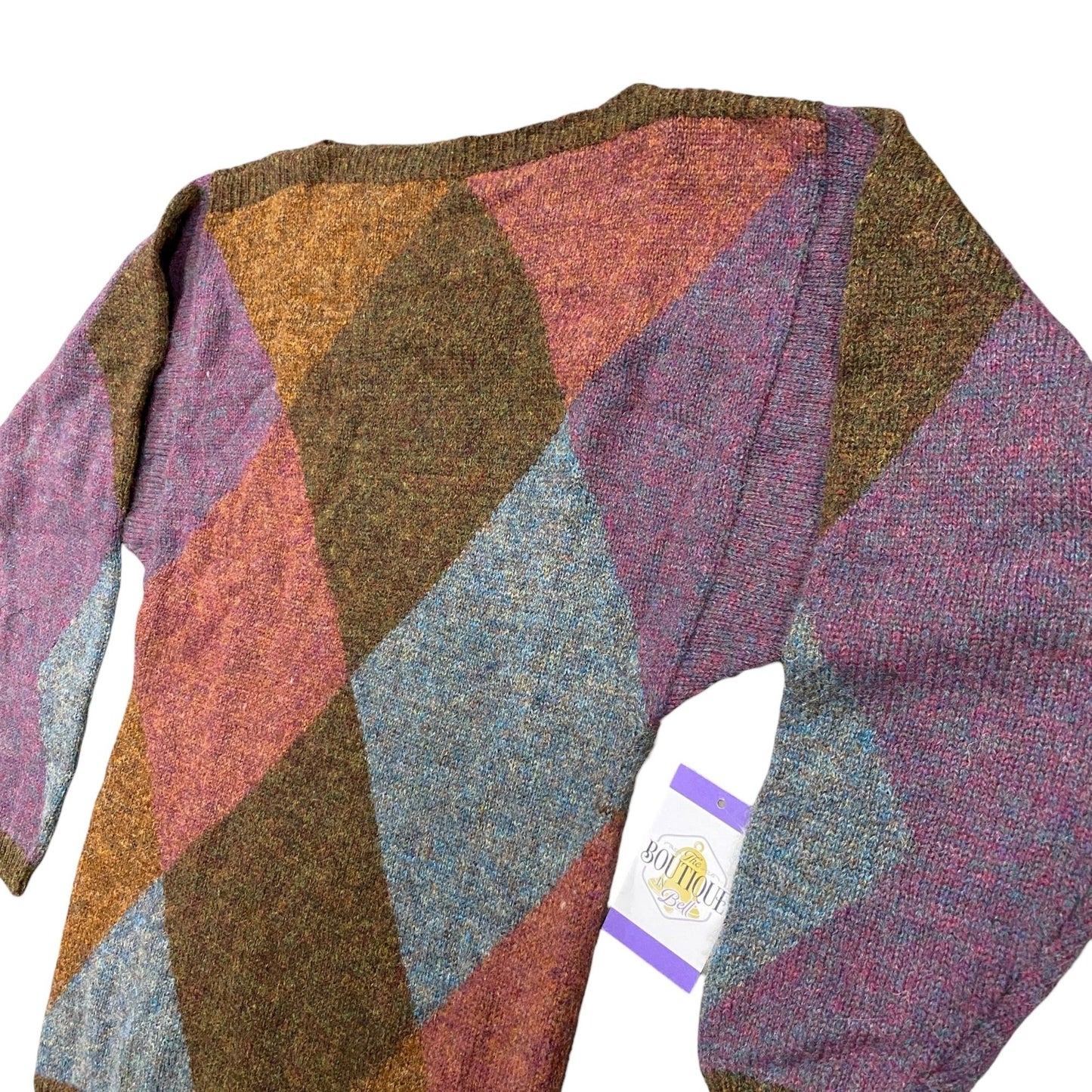 Vtg Ellen Tracy Shetland Wool Sweater Argyle Dark Academia S Purple Brown Blue