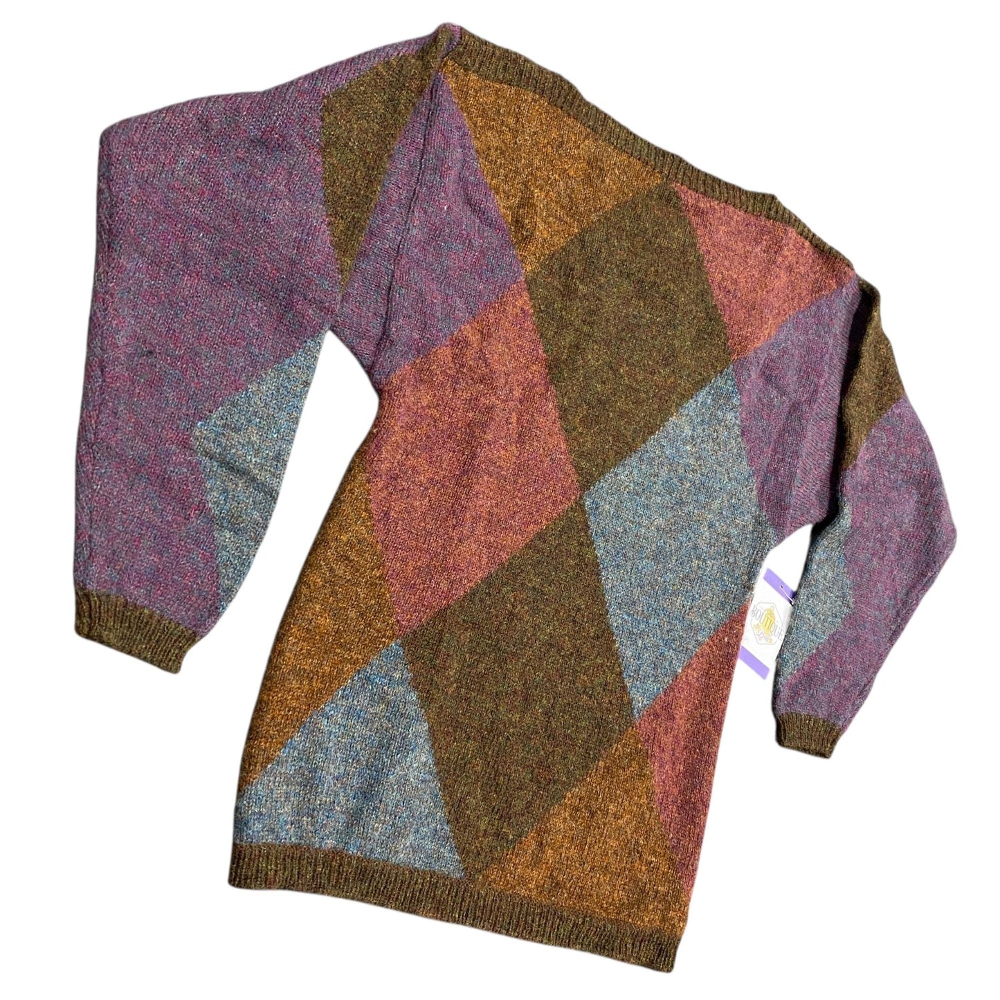 Vtg Ellen Tracy Shetland Wool Sweater Argyle Dark Academia S Purple Brown Blue