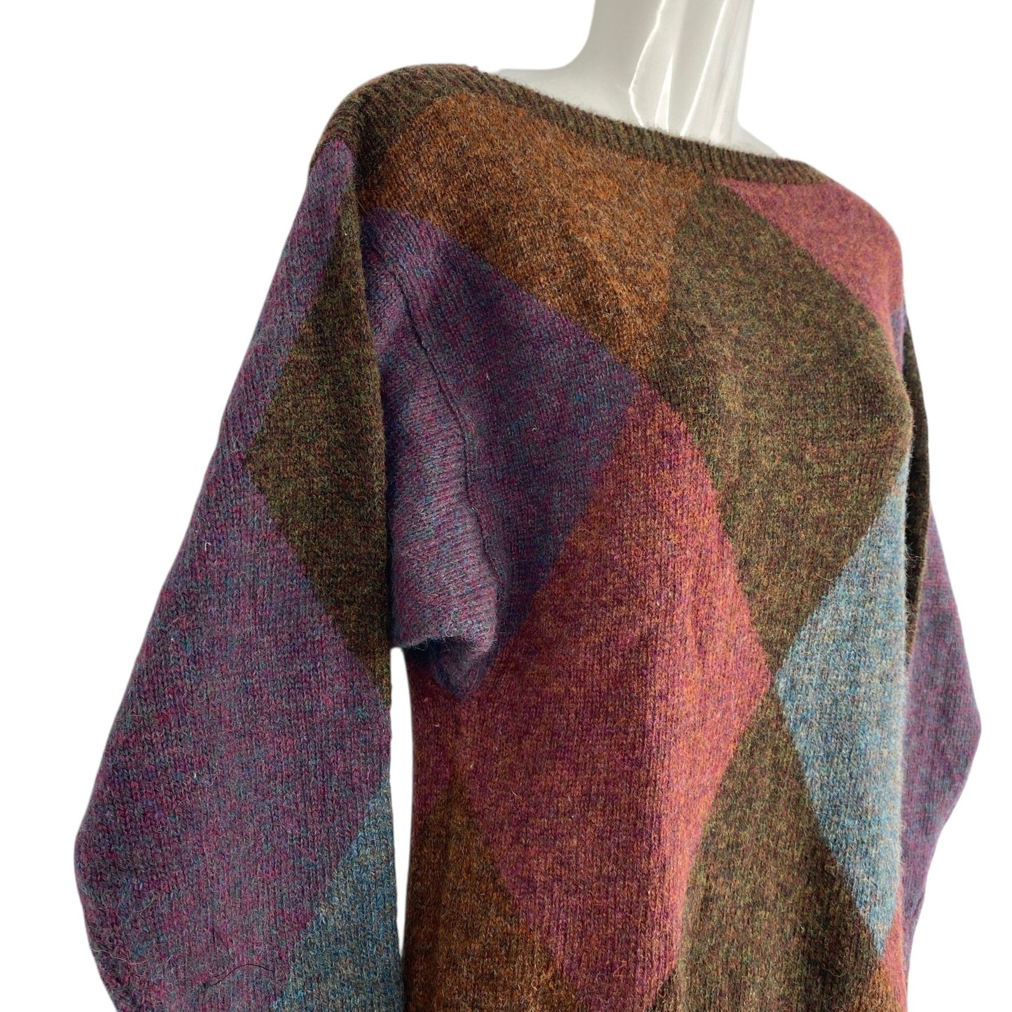 Vtg Ellen Tracy Shetland Wool Sweater Argyle Dark Academia S Purple Brown Blue