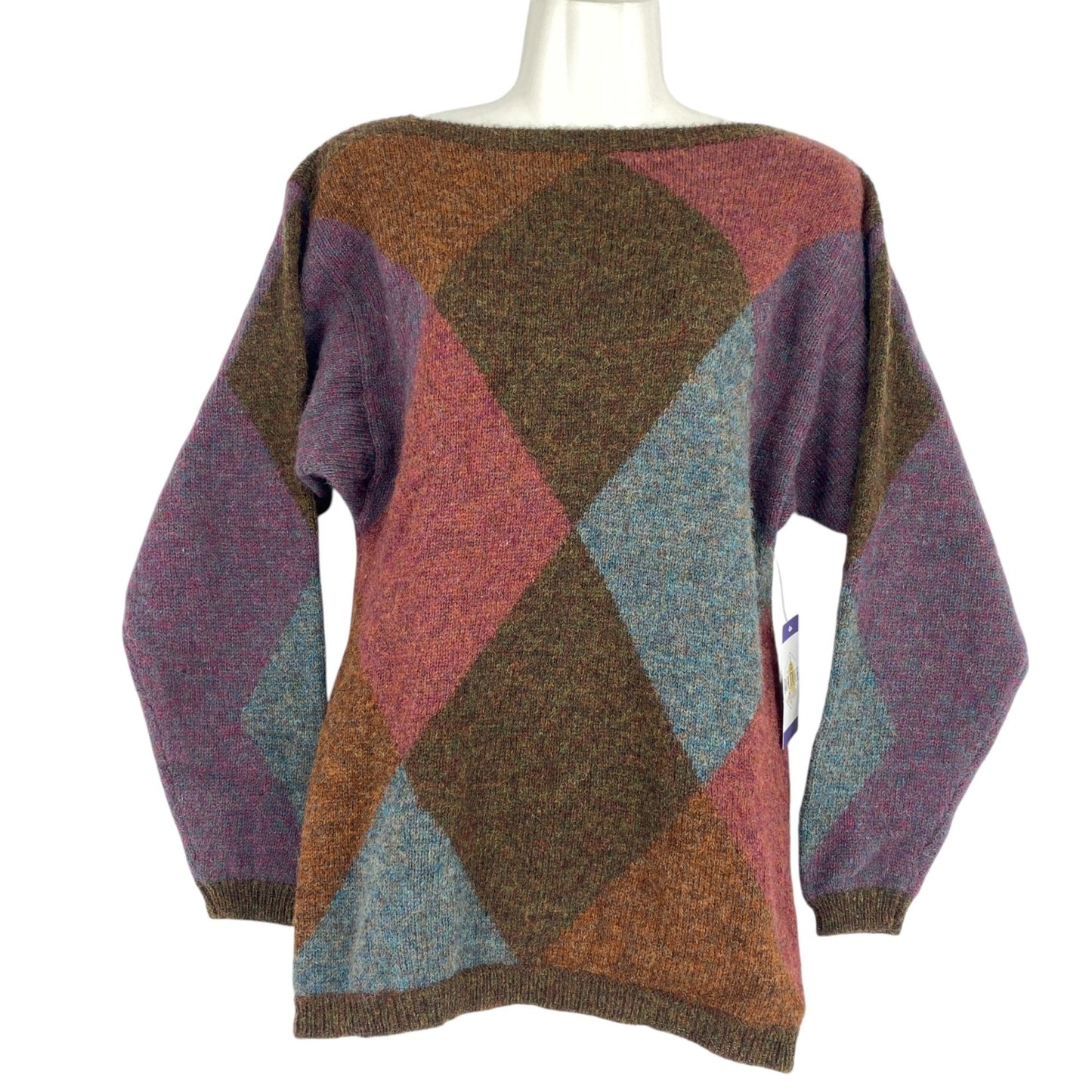 Vtg Ellen Tracy Shetland Wool Sweater Argyle Dark Academia S Purple Brown Blue