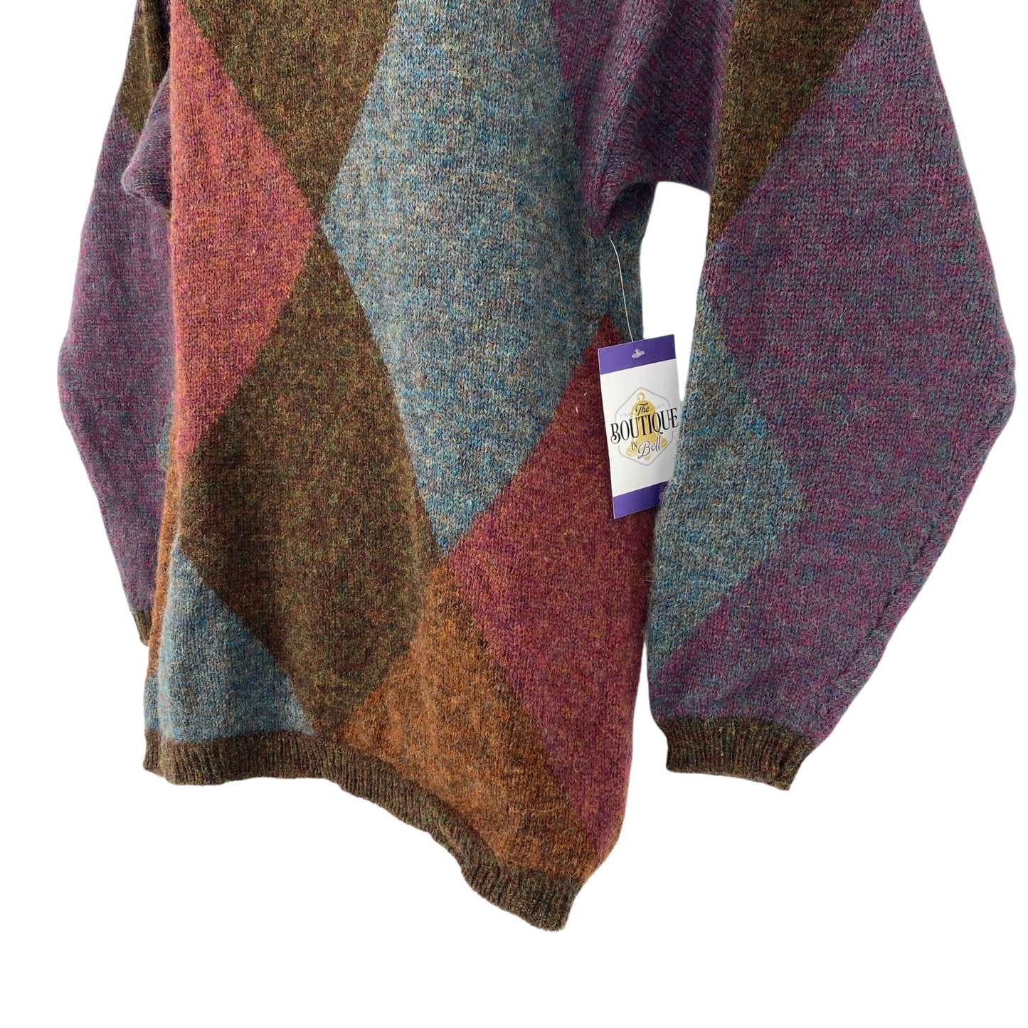 Vtg Ellen Tracy Shetland Wool Sweater Argyle Dark Academia S Purple Brown Blue