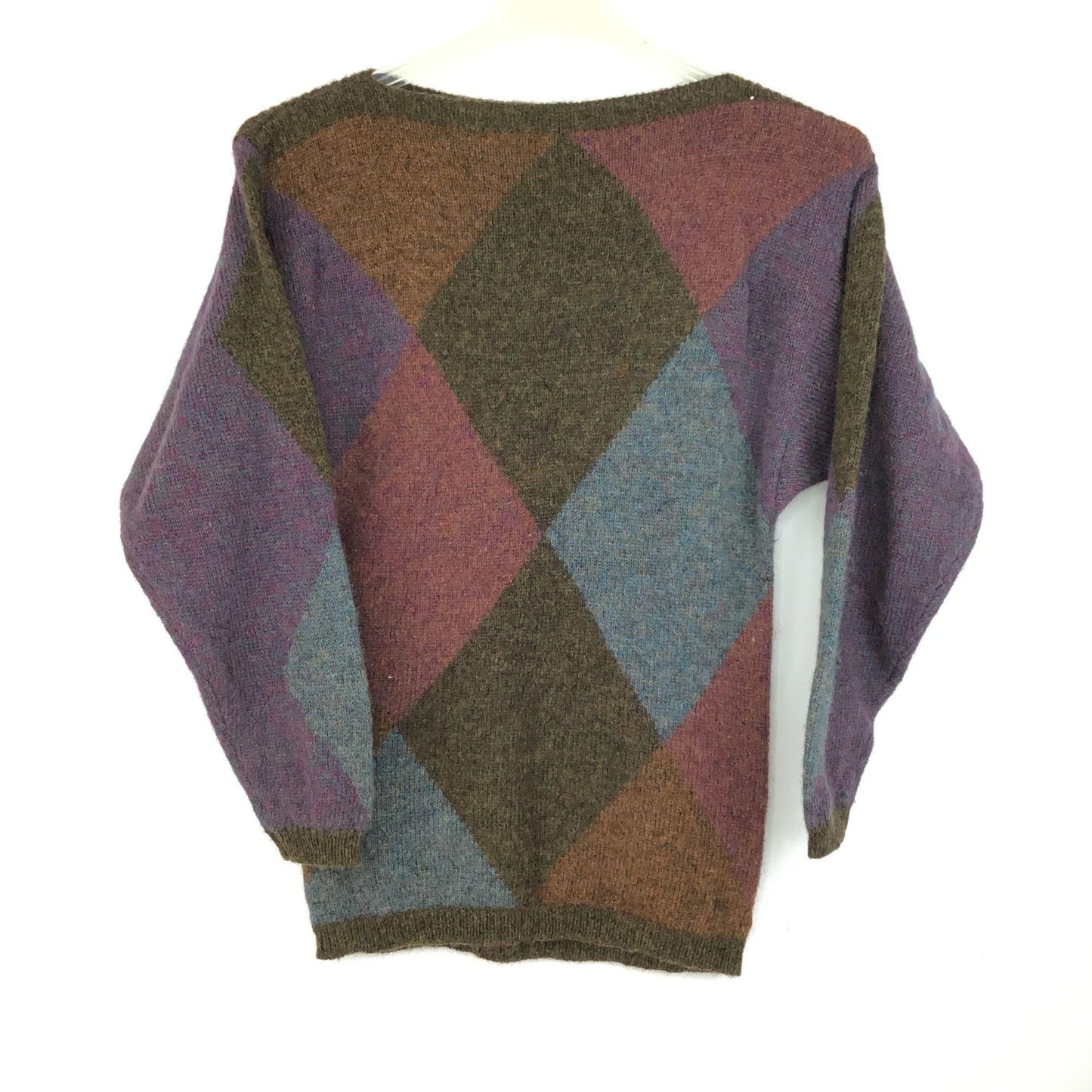 Vtg Ellen Tracy Shetland Wool Sweater Argyle Dark Academia S Purple Brown Blue