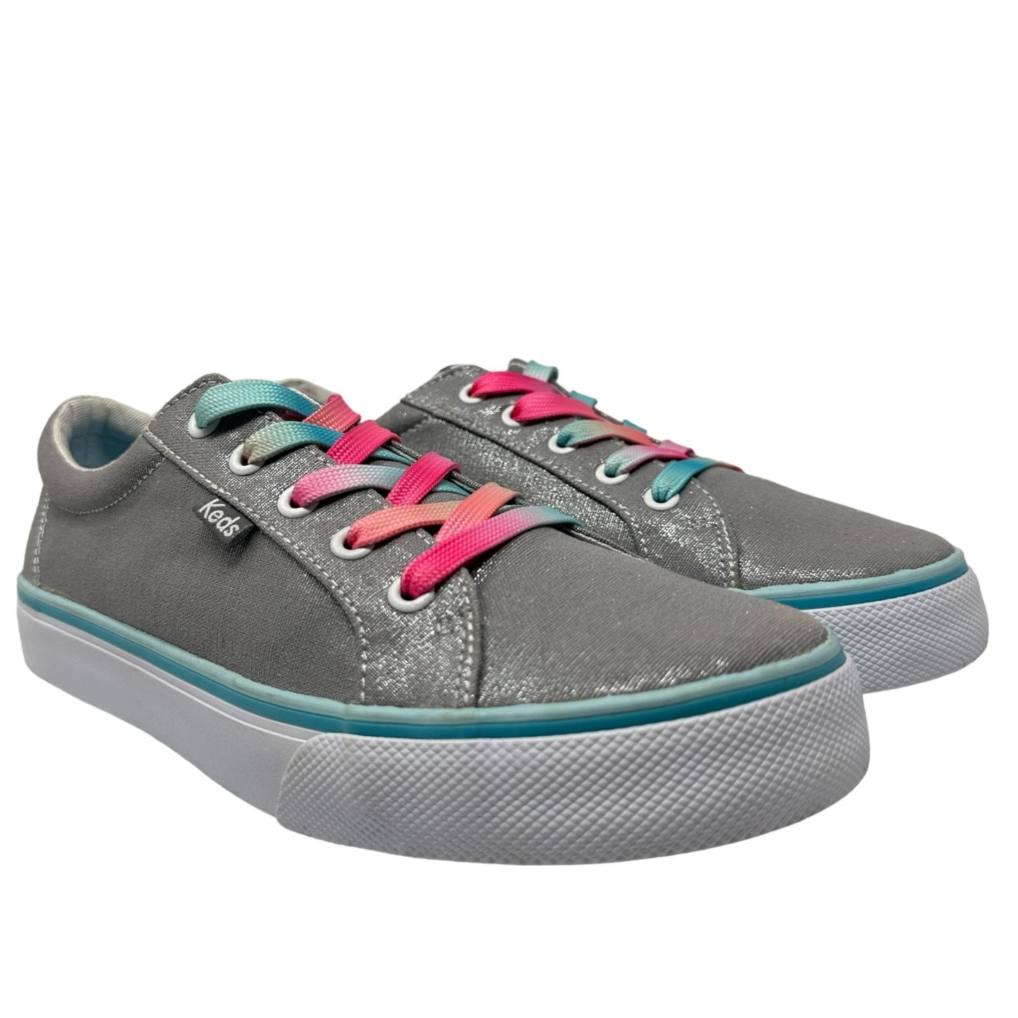 KEDS Girls 6 Kickstart Metallic Shimmer Gray Sneaker Big Pink Blue Laces Low Top