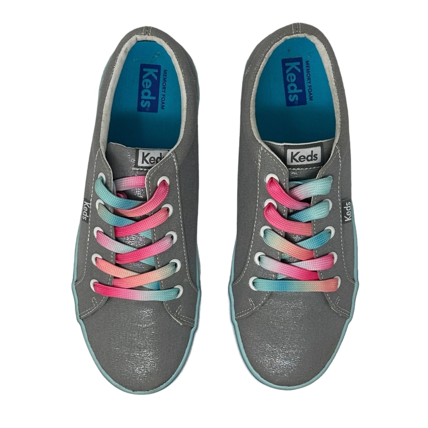 KEDS Girls 6 Kickstart Metallic Shimmer Gray Sneaker Big Pink Blue Laces Low Top