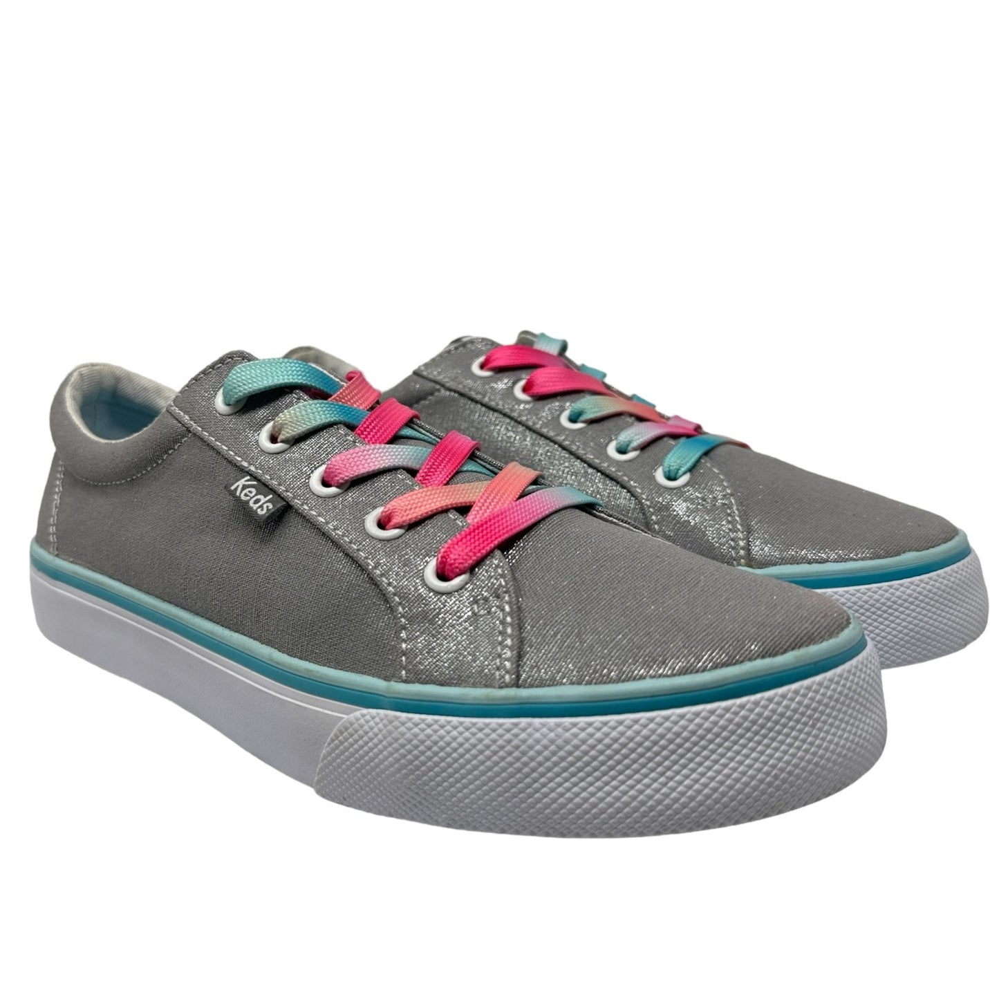 KEDS Girls 6 Kickstart Metallic Shimmer Gray Sneaker Big Pink Blue Laces Low Top