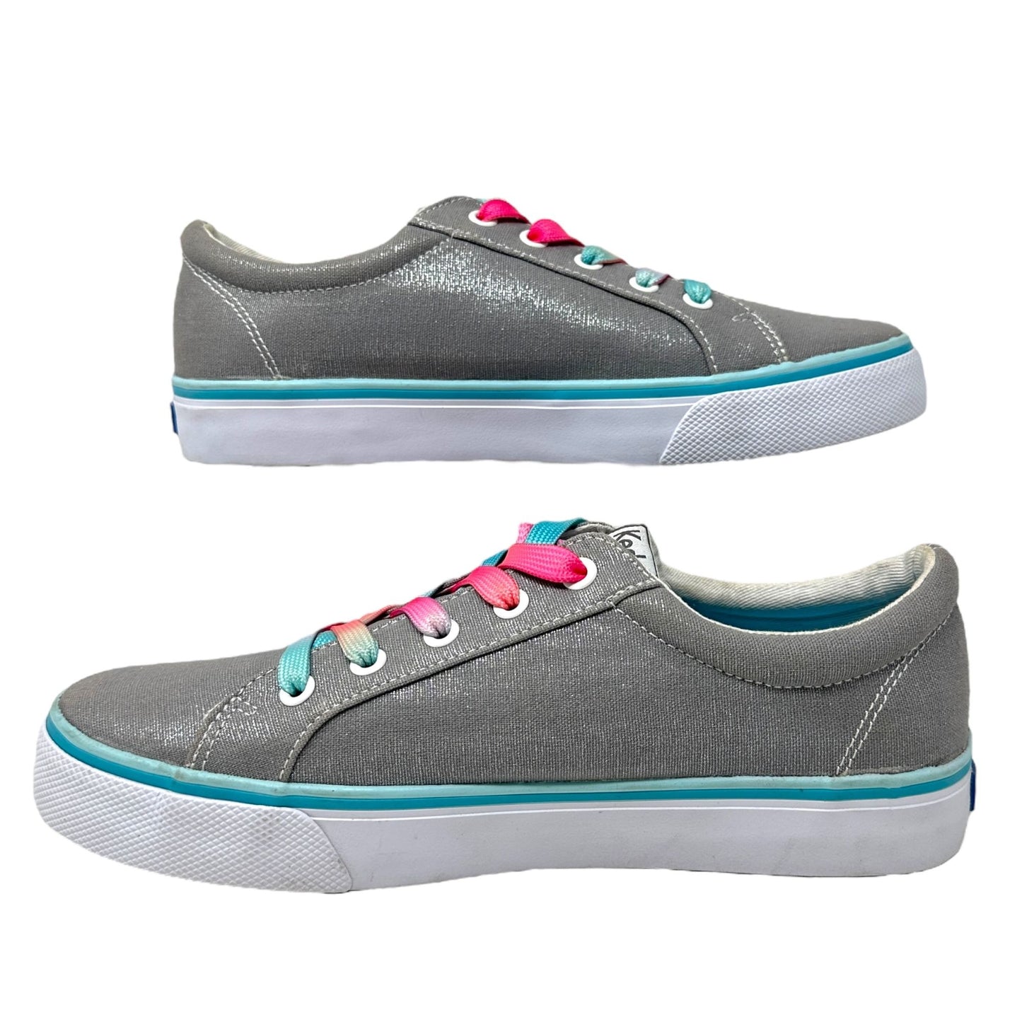 KEDS Girls 6 Kickstart Metallic Shimmer Gray Sneaker Big Pink Blue Laces Low Top