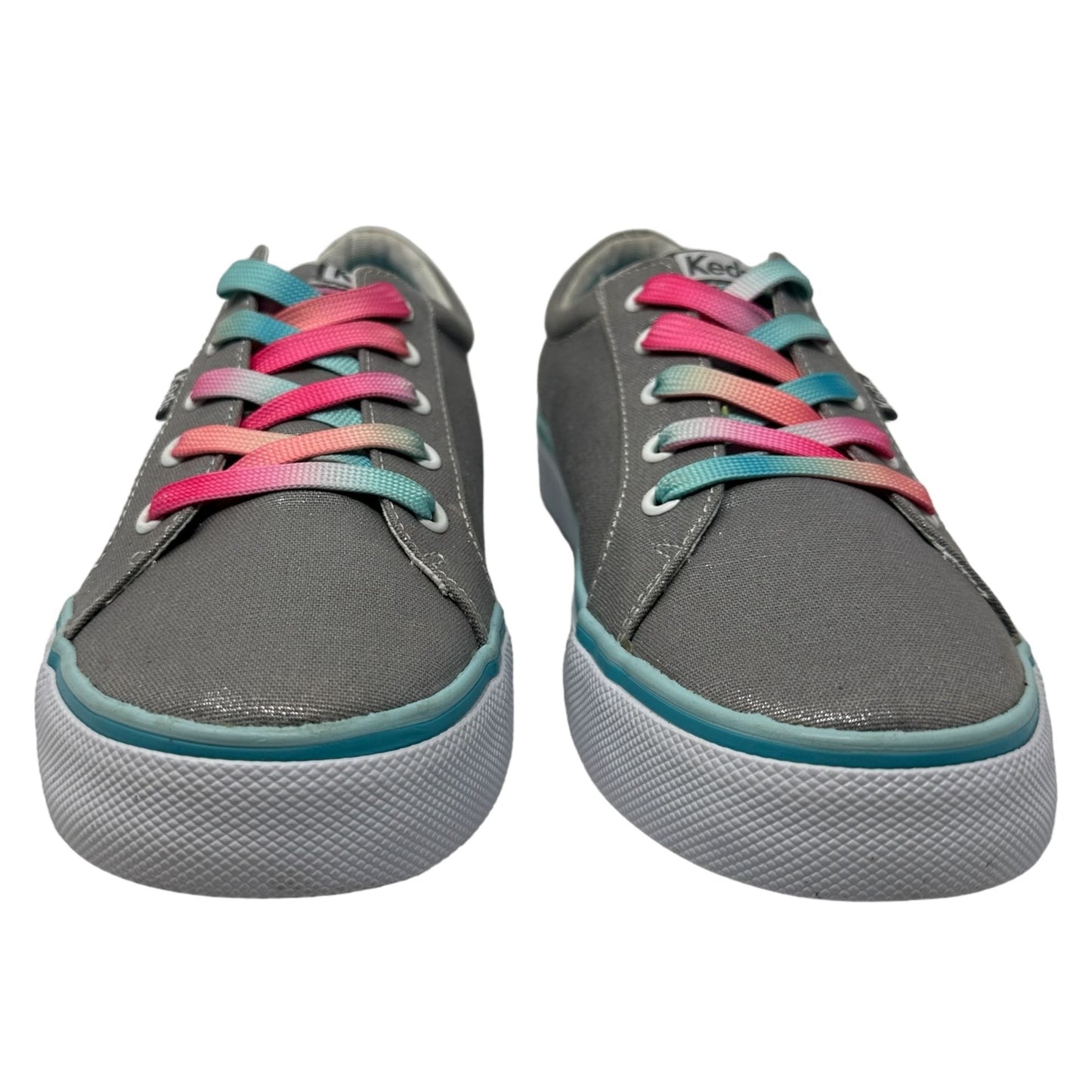 KEDS Girls 6 Kickstart Metallic Shimmer Gray Sneaker Big Pink Blue Laces Low Top