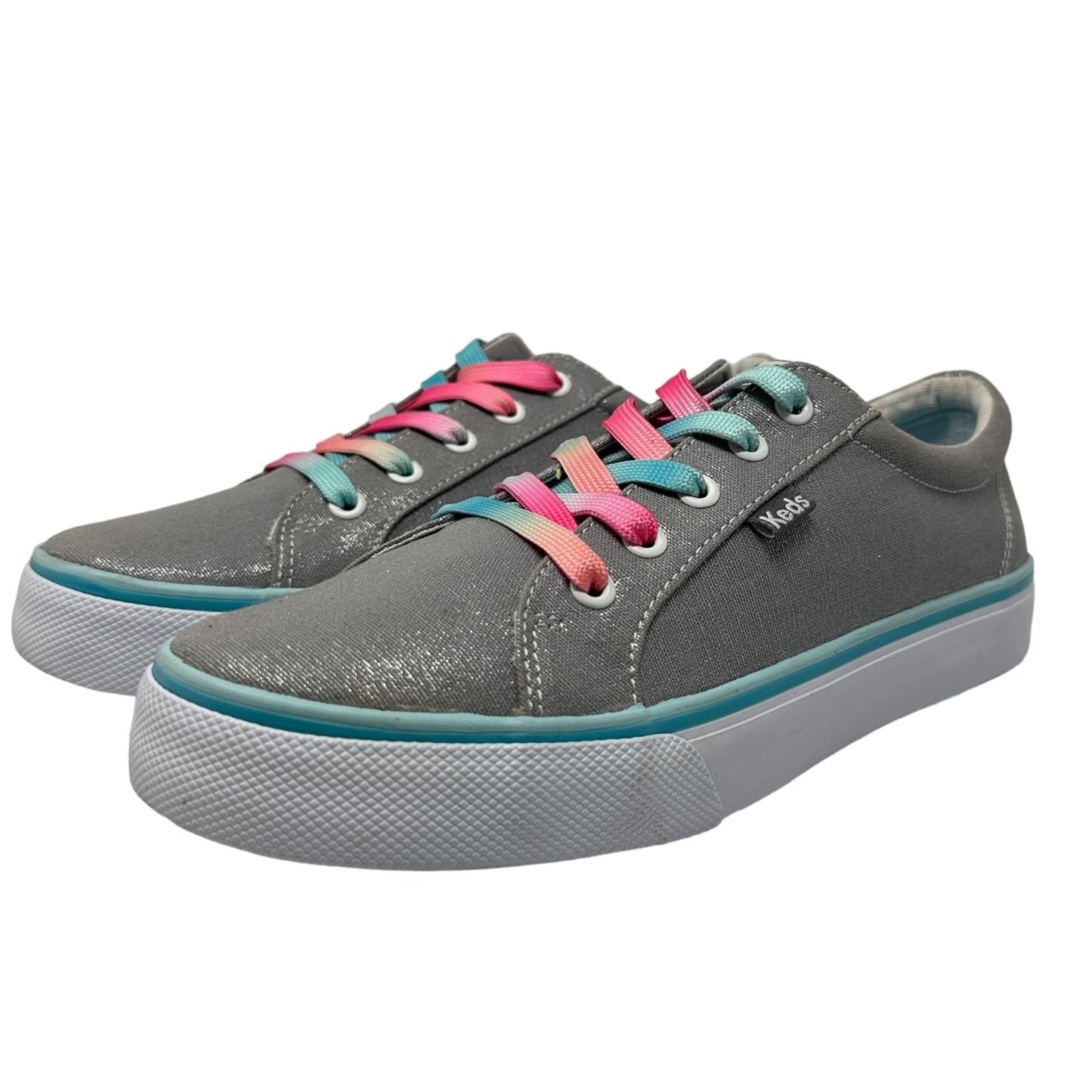 KEDS Girls 6 Kickstart Metallic Shimmer Gray Sneaker Big Pink Blue Laces Low Top