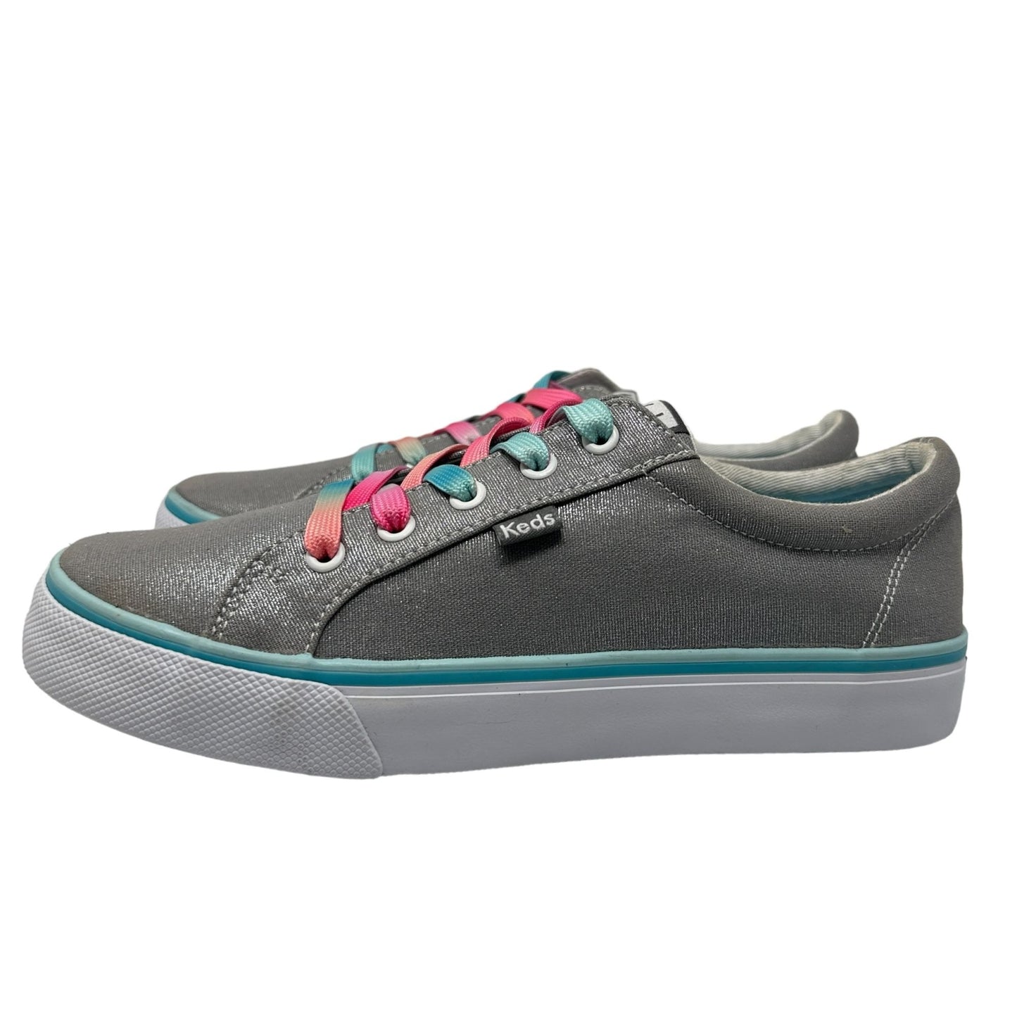 KEDS Girls 6 Kickstart Metallic Shimmer Gray Sneaker Big Pink Blue Laces Low Top