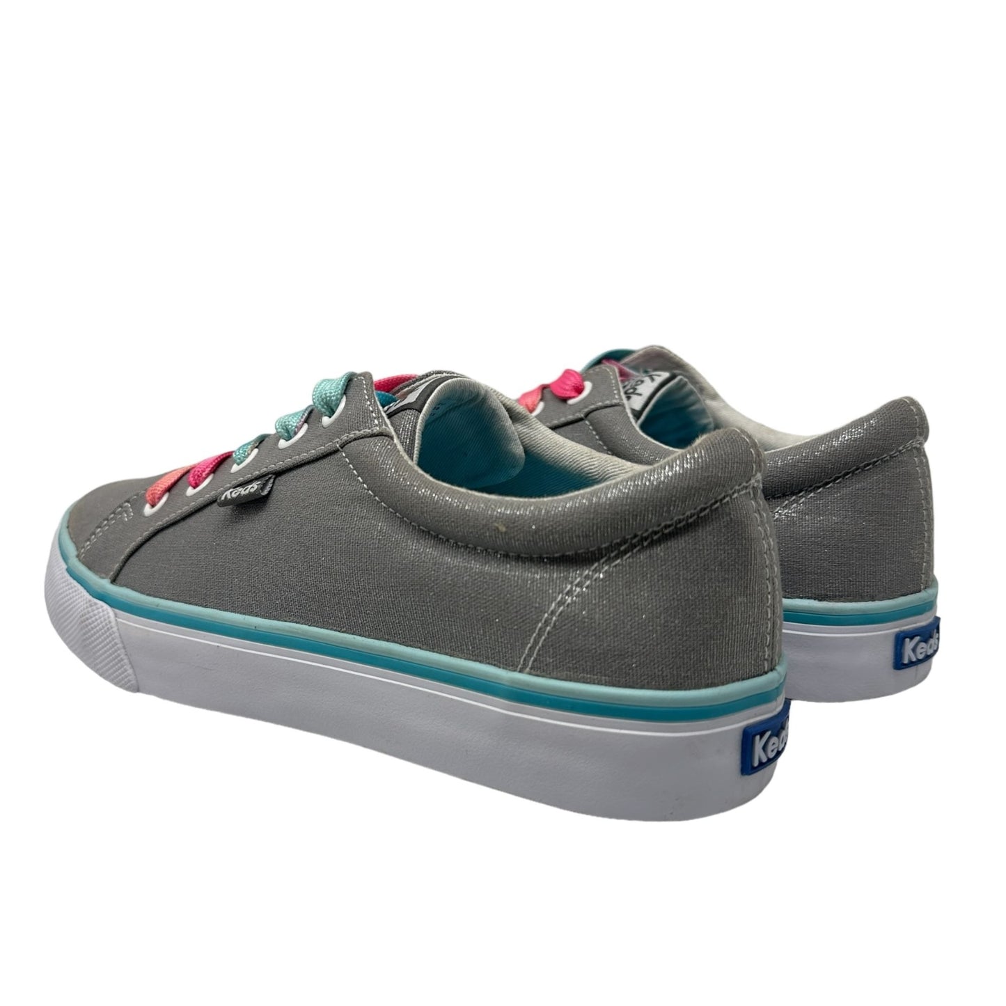 KEDS Girls 6 Kickstart Metallic Shimmer Gray Sneaker Big Pink Blue Laces Low Top