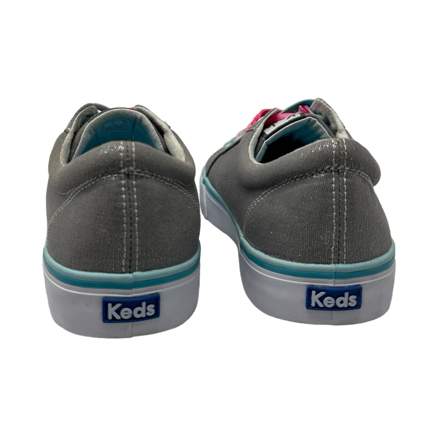 KEDS Girls 6 Kickstart Metallic Shimmer Gray Sneaker Big Pink Blue Laces Low Top