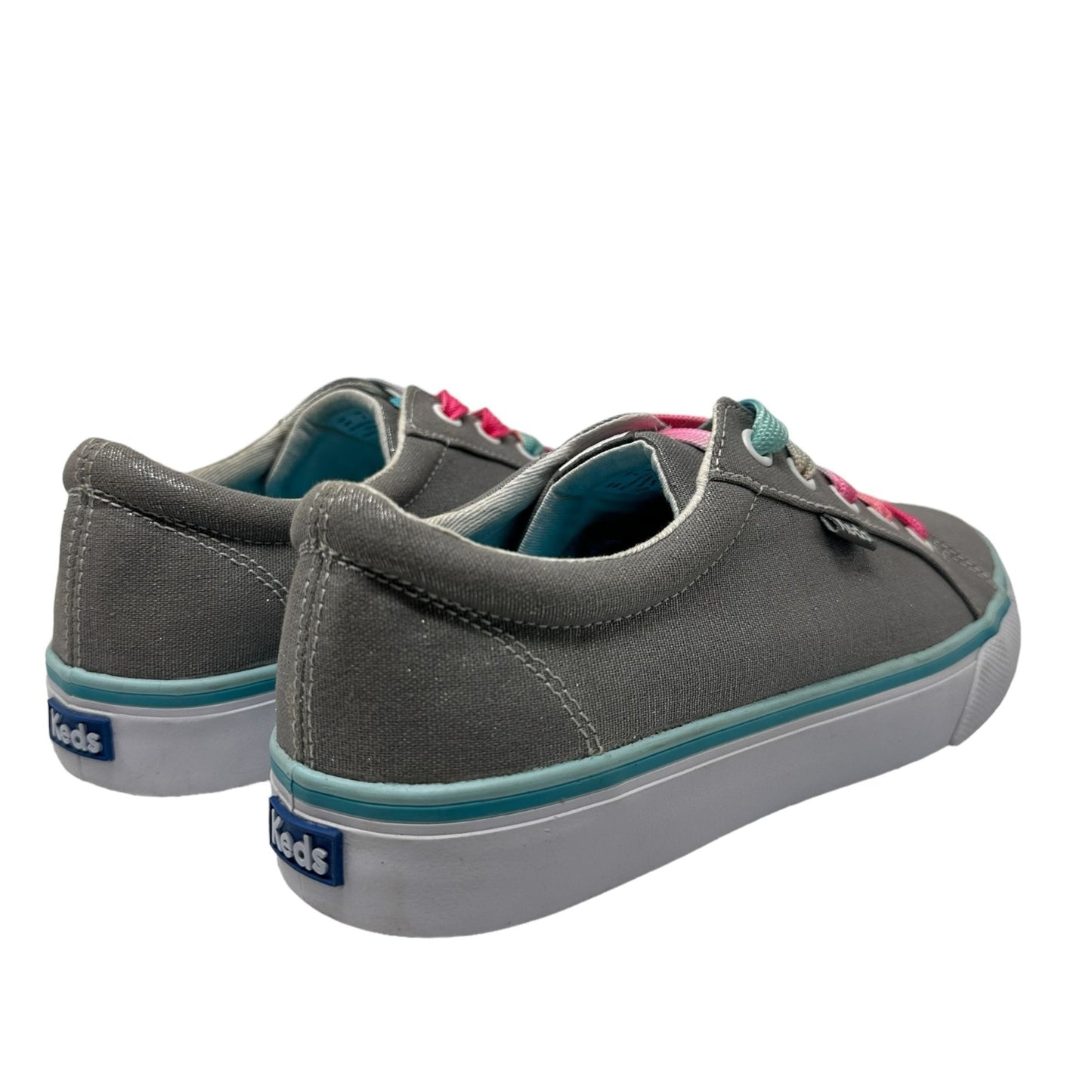 KEDS Girls 6 Kickstart Metallic Shimmer Gray Sneaker Big Pink Blue Laces Low Top