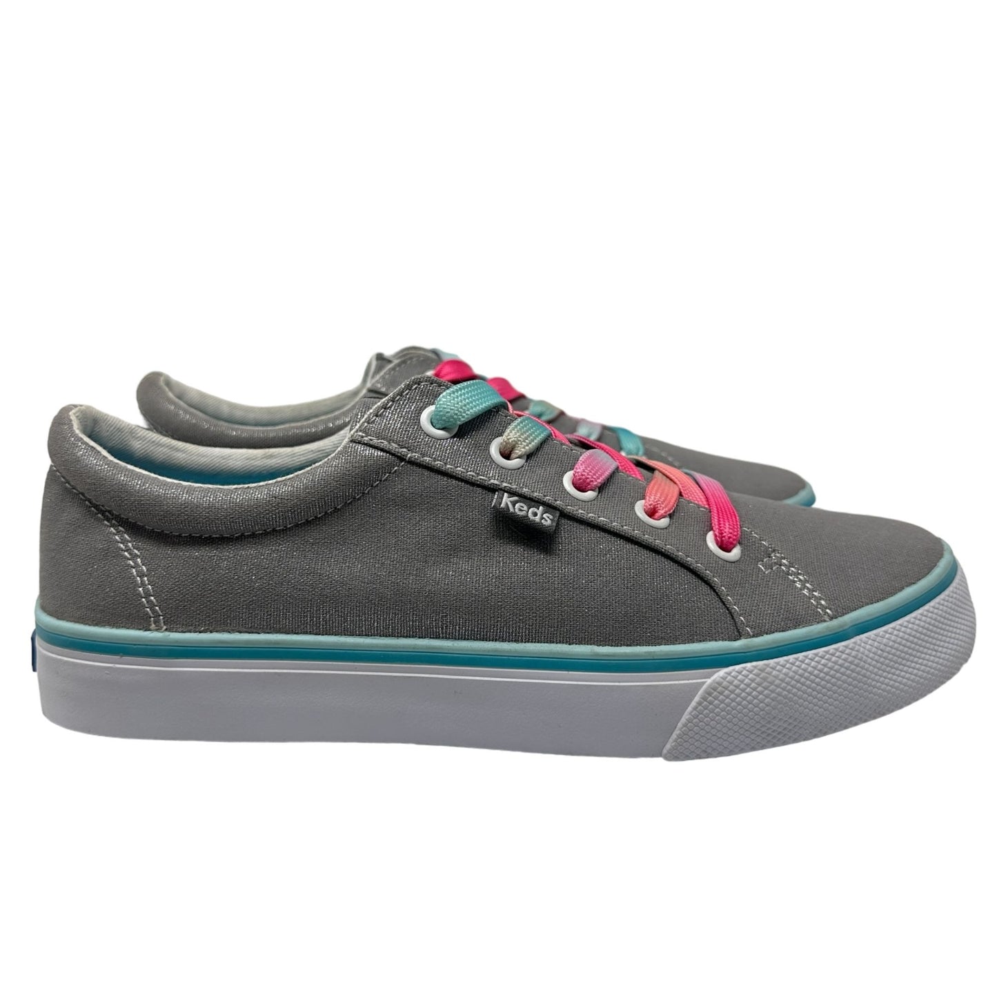 KEDS Girls 6 Kickstart Metallic Shimmer Gray Sneaker Big Pink Blue Laces Low Top