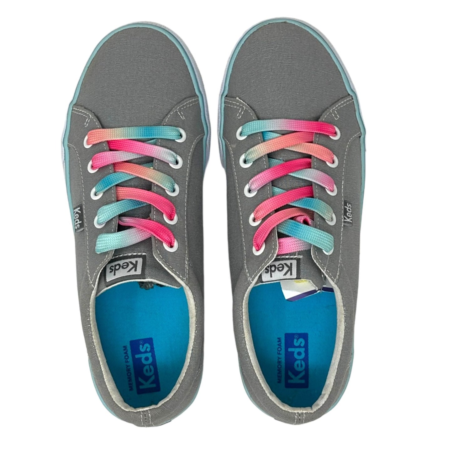 KEDS Girls 6 Kickstart Metallic Shimmer Gray Sneaker Big Pink Blue Laces Low Top