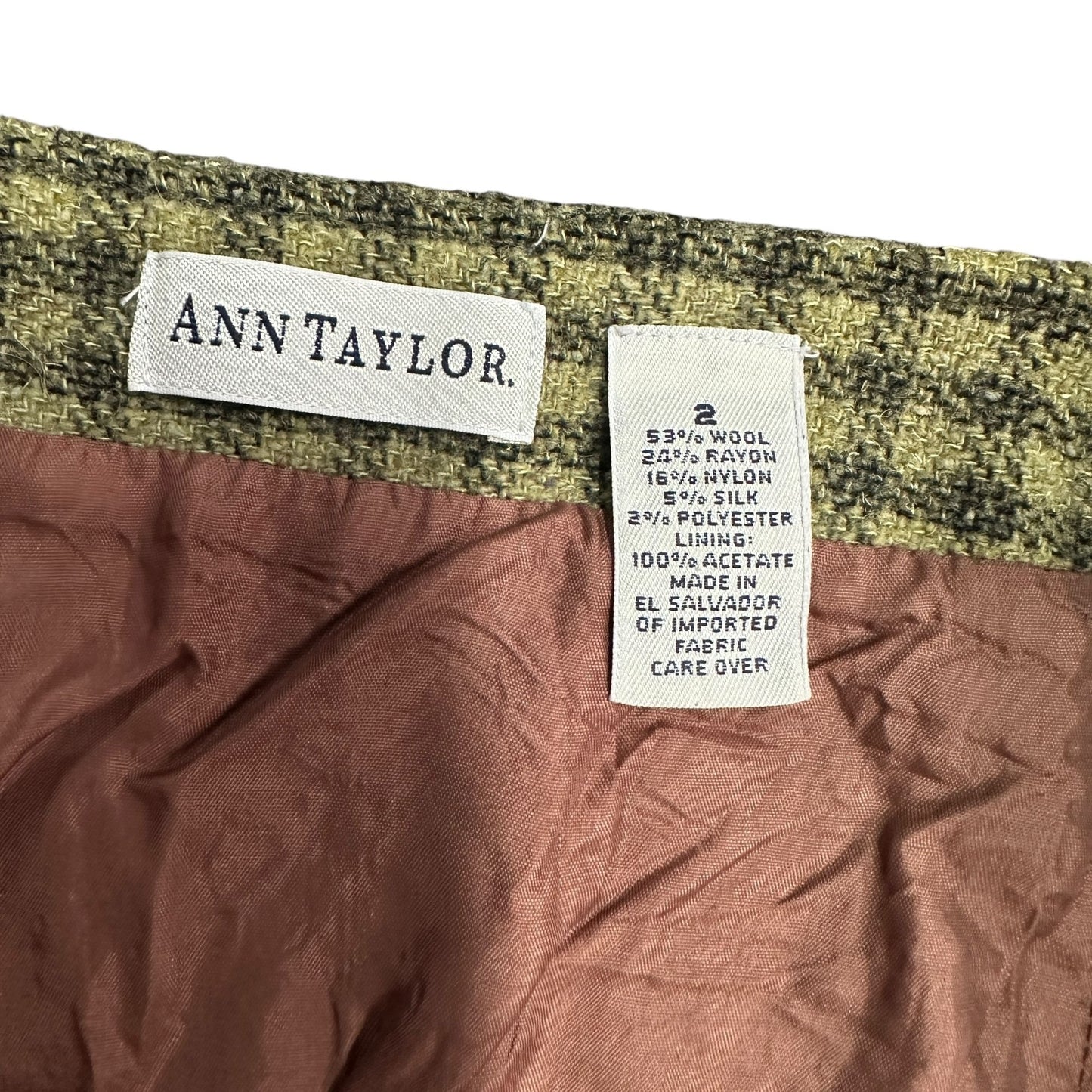 Vintage Ann Taylor 2 Olive Green Black Plaid Skirt Wool Silk Lined Side Zip Fall