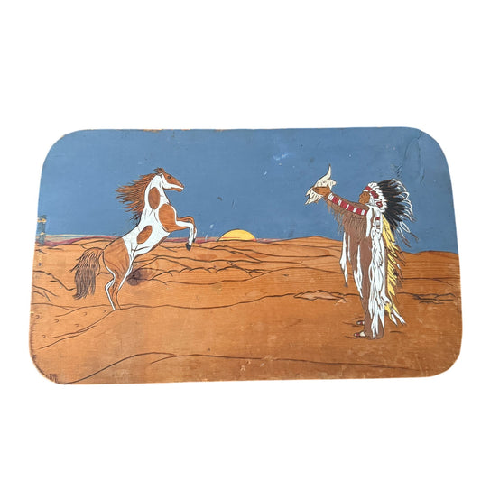 Vintage Native American Horse Scene Hand Painted Carved Wood Plaque Signed