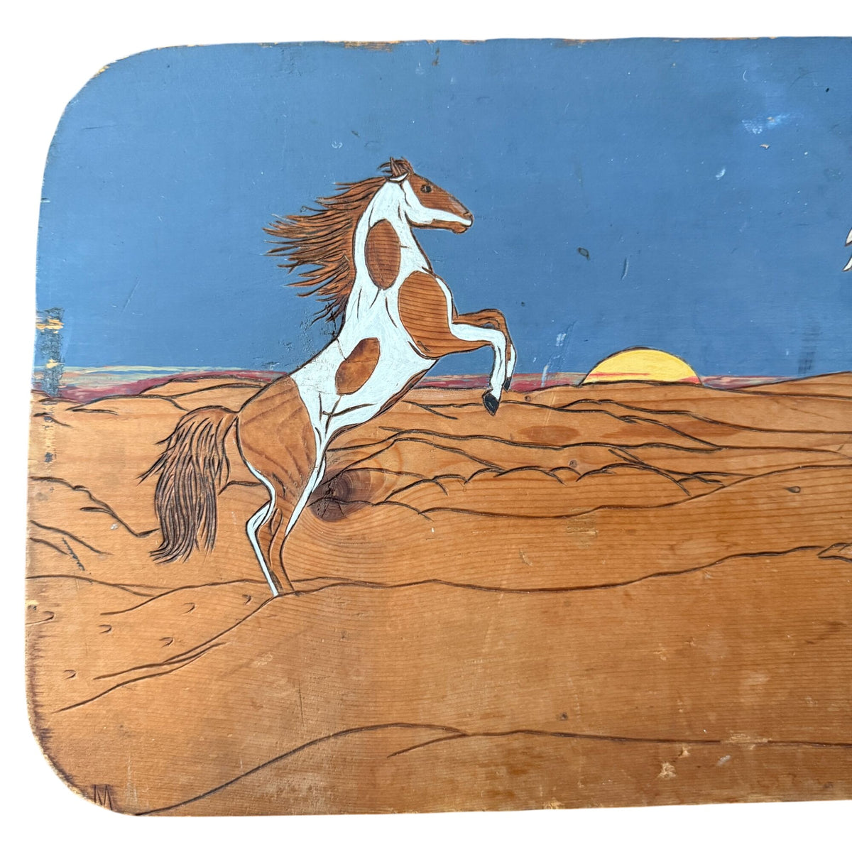 Vintage Native American Horse Scene Hand Painted Carved Wood Plaque Signed