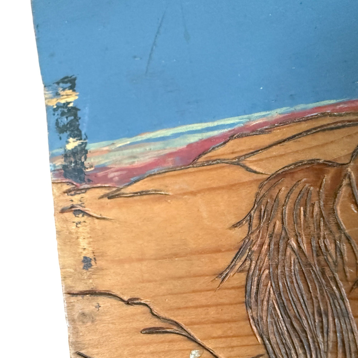 Vintage Native American Horse Scene Hand Painted Carved Wood Plaque Signed