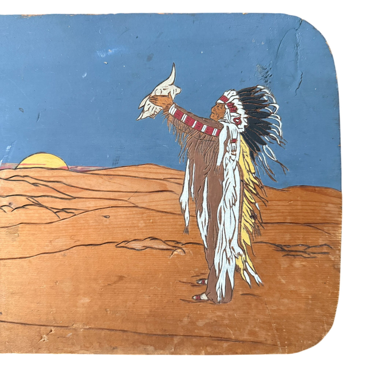Vintage Native American Horse Scene Hand Painted Carved Wood Plaque Signed