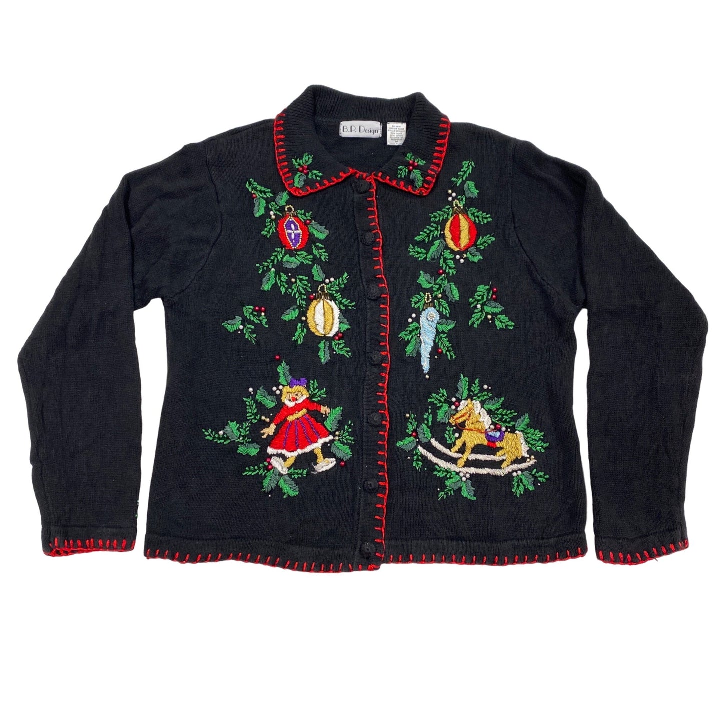 Vintage BP Design M Black Christmas Cardigan Sweater Embroidered Beaded Ornament