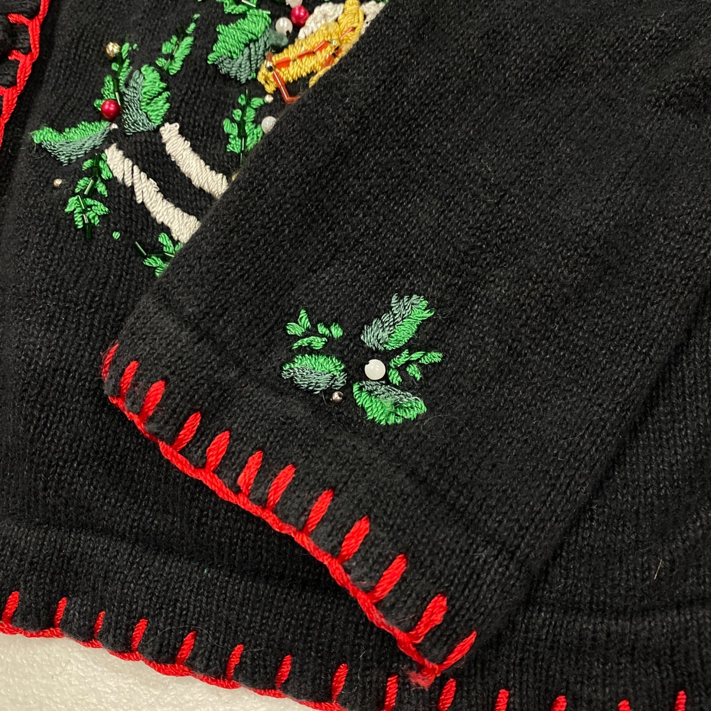 Vintage BP Design M Black Christmas Cardigan Sweater Embroidered Beaded Ornament