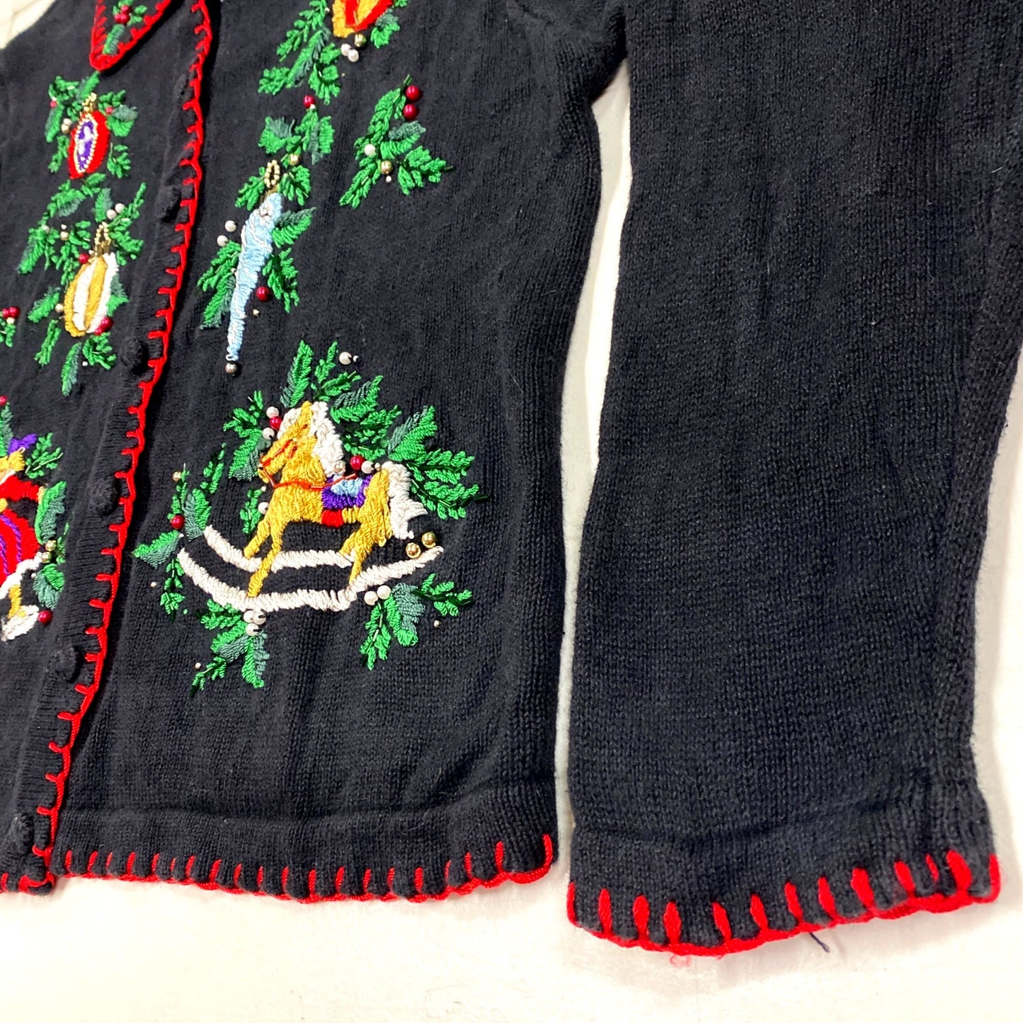 Vintage BP Design M Black Christmas Cardigan Sweater Embroidered Beaded Ornament