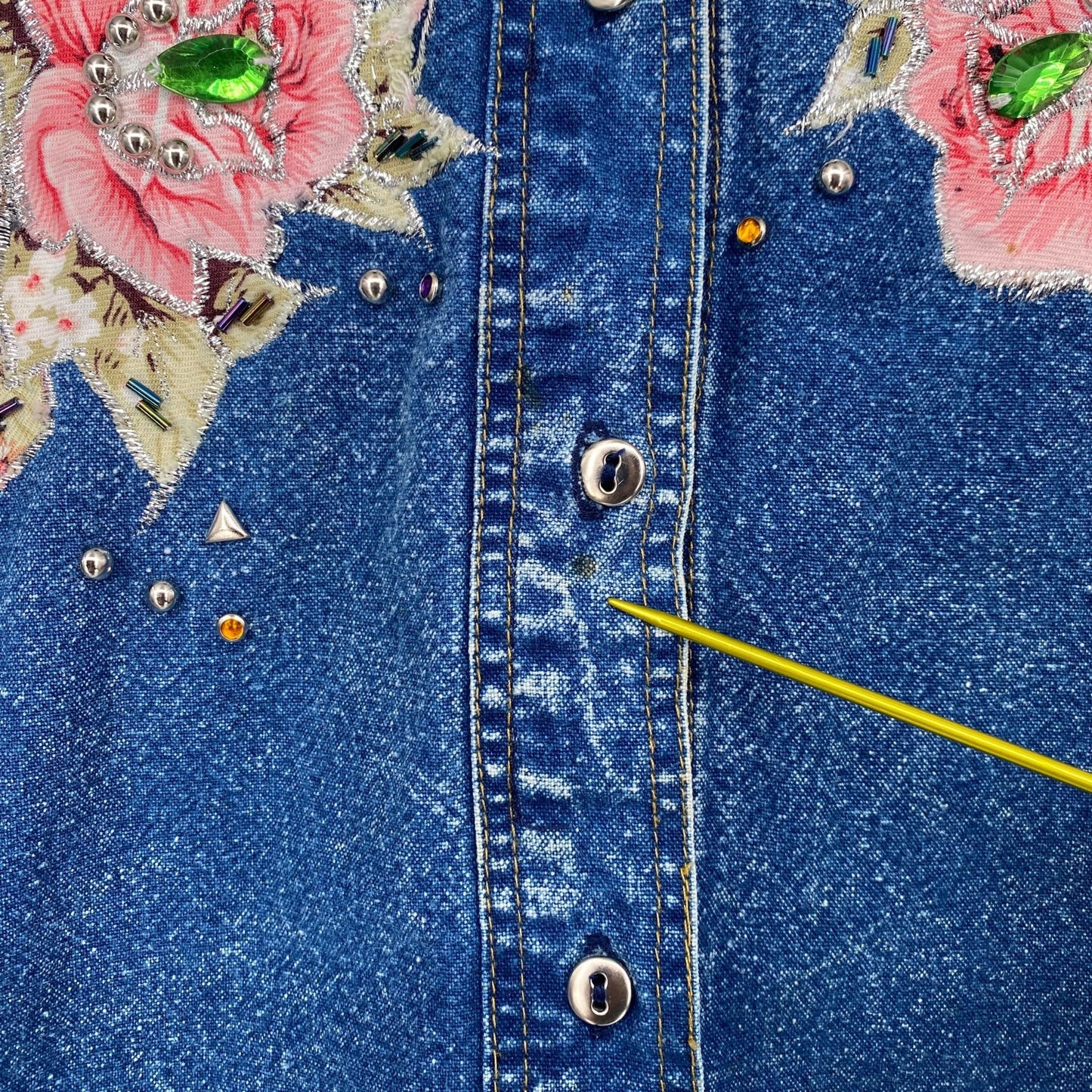 Vintage Pret Denim Shirt Blue 80s 90s Acid Wash Embroidered Roses Bedazzled