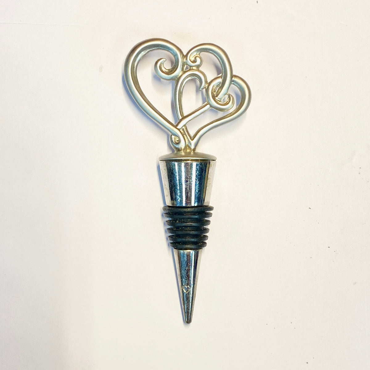 Wine Bottle Stopper Silver Tone Metal Interlocking Heart Design