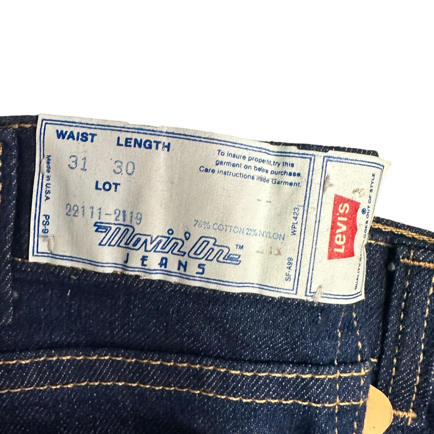 Vtg 70s Levis Movin On Jeans Stretch Denim High Rise Dark Wash 31x30 USA NEW