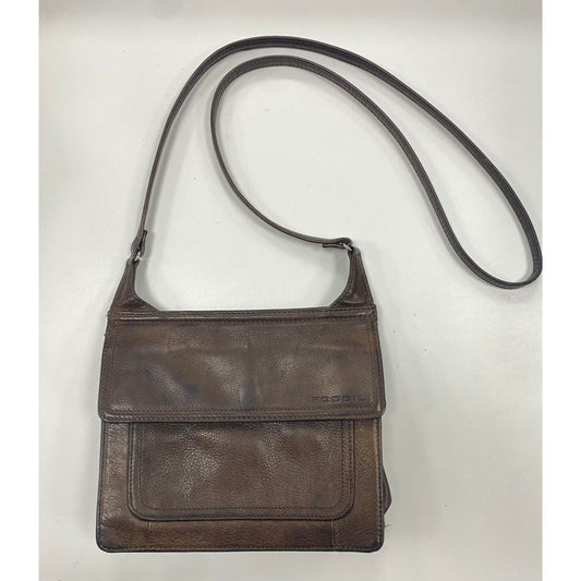 Vintage Fossil Brown Leather Dual Flap Crossbody Organizer Bag