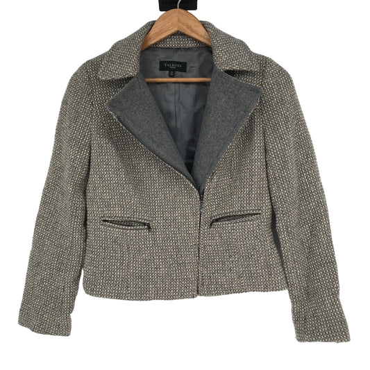 Talbots Moto Jacket Blazer Gray Tweed 2P Full Zip Wool Blend Pockets Metallic