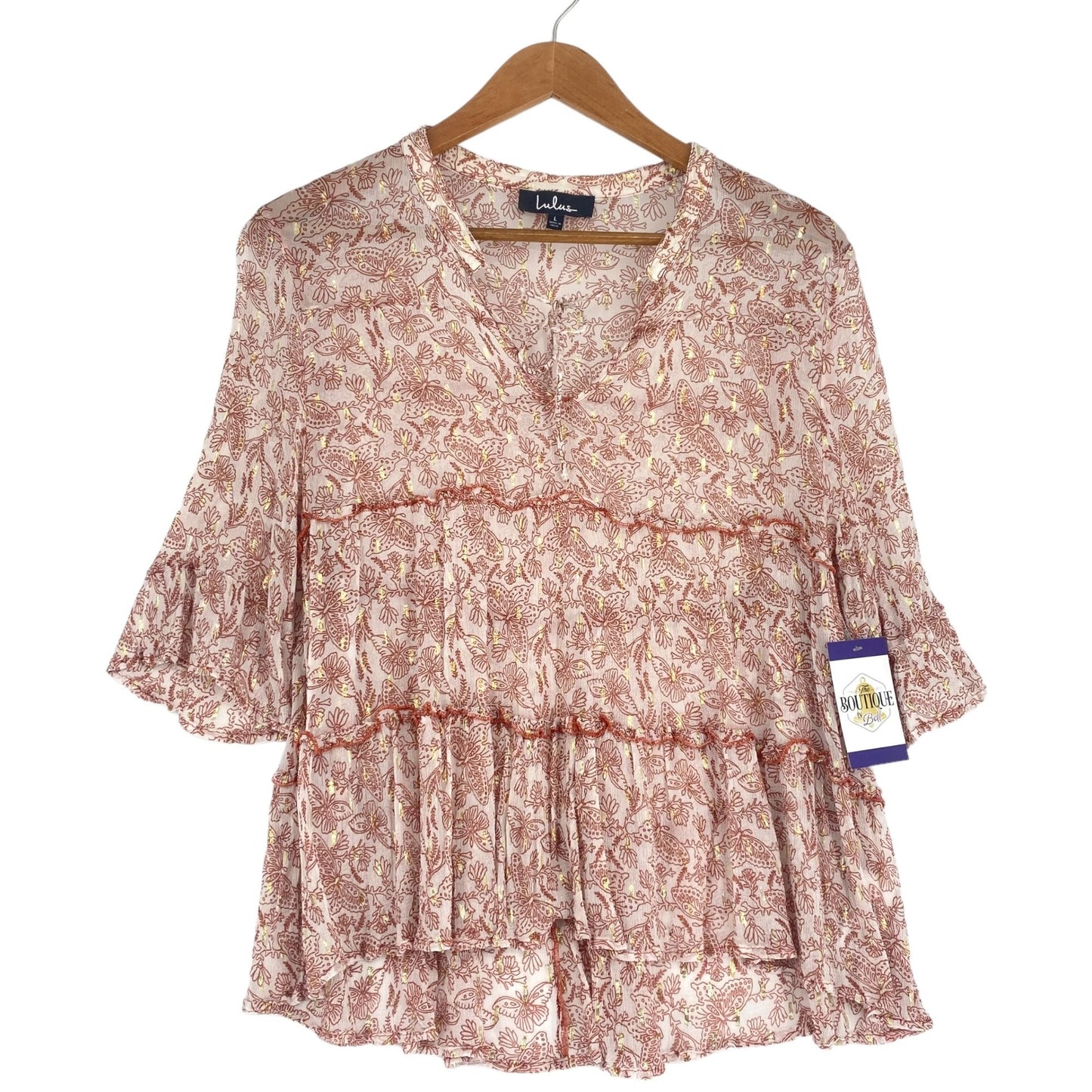 Lulus Blouse Desert Days Sheer Boho Ruffle Tiered Butterfly Floral Bell Sleeves
