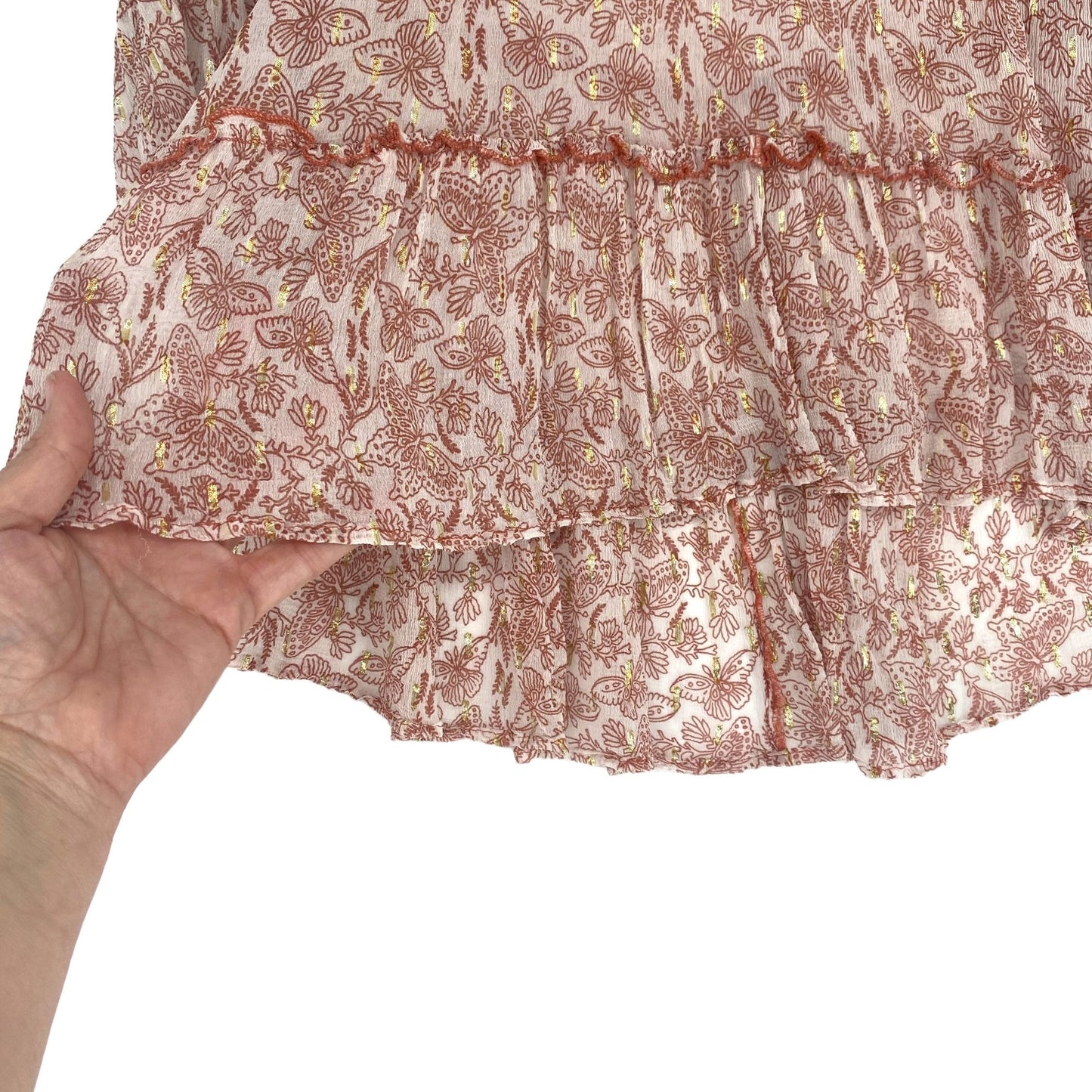 Lulus Blouse Desert Days Sheer Boho Ruffle Tiered Butterfly Floral Bell Sleeves