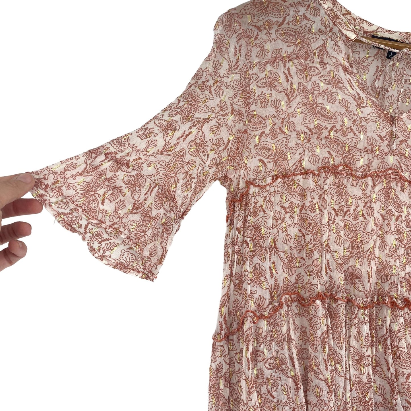 Lulus Blouse Desert Days Sheer Boho Ruffle Tiered Butterfly Floral Bell Sleeves