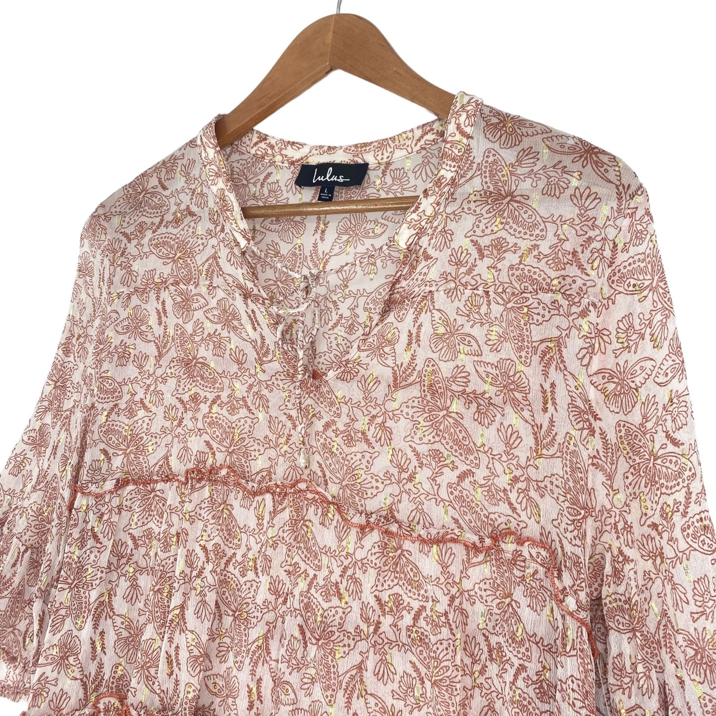 Lulus Blouse Desert Days Sheer Boho Ruffle Tiered Butterfly Floral Bell Sleeves