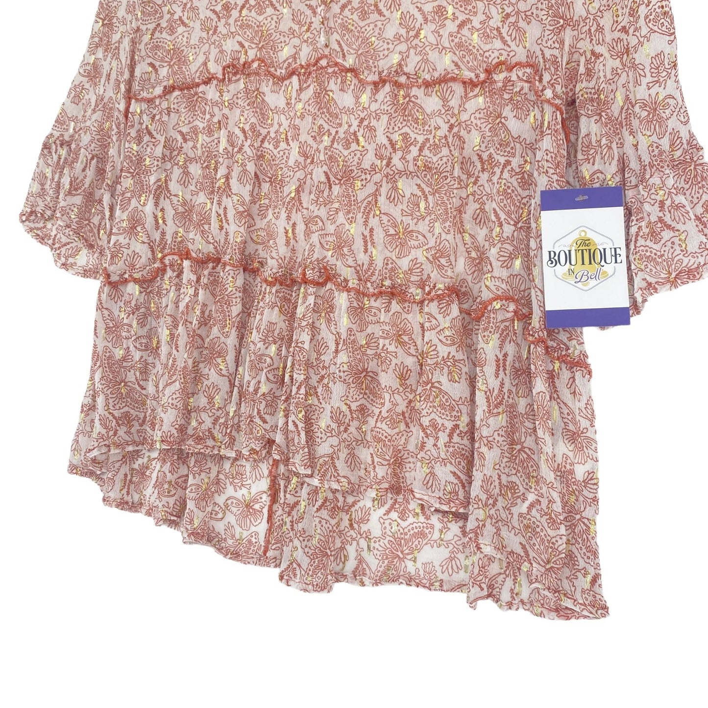 Lulus Blouse Desert Days Sheer Boho Ruffle Tiered Butterfly Floral Bell Sleeves