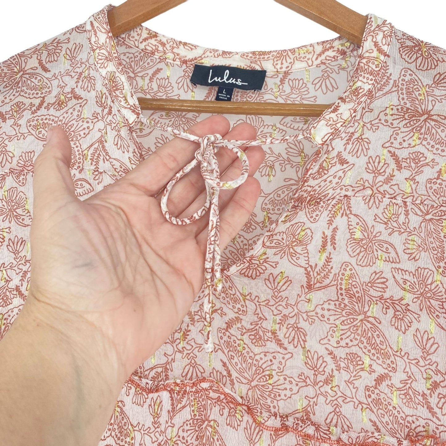 Lulus Blouse Desert Days Sheer Boho Ruffle Tiered Butterfly Floral Bell Sleeves