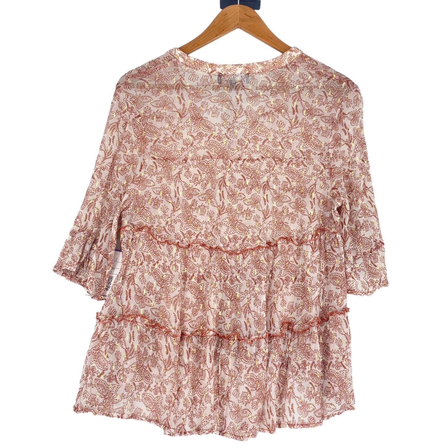 Lulus Blouse Desert Days Sheer Boho Ruffle Tiered Butterfly Floral Bell Sleeves