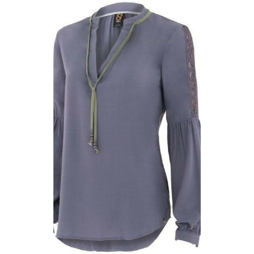 NWT Noble Outfitters XS Slate Gray Boho Peasant Blouse Folklore Lace Tassels