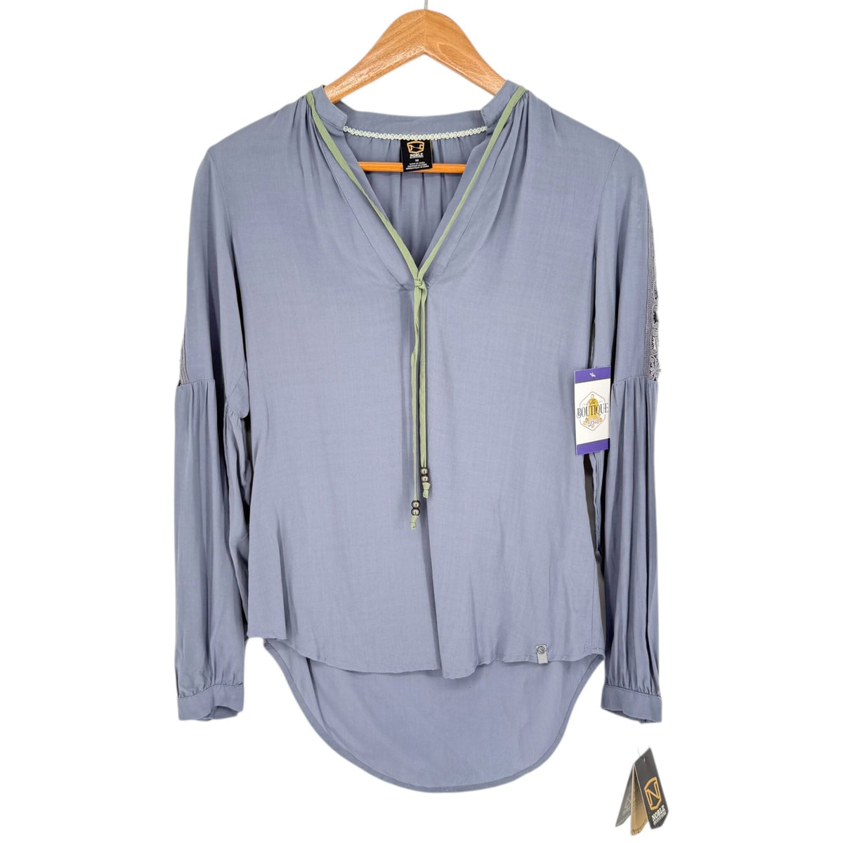 NWT Noble Outfitters XS Slate Gray Boho Peasant Blouse Folklore Lace Tassels
